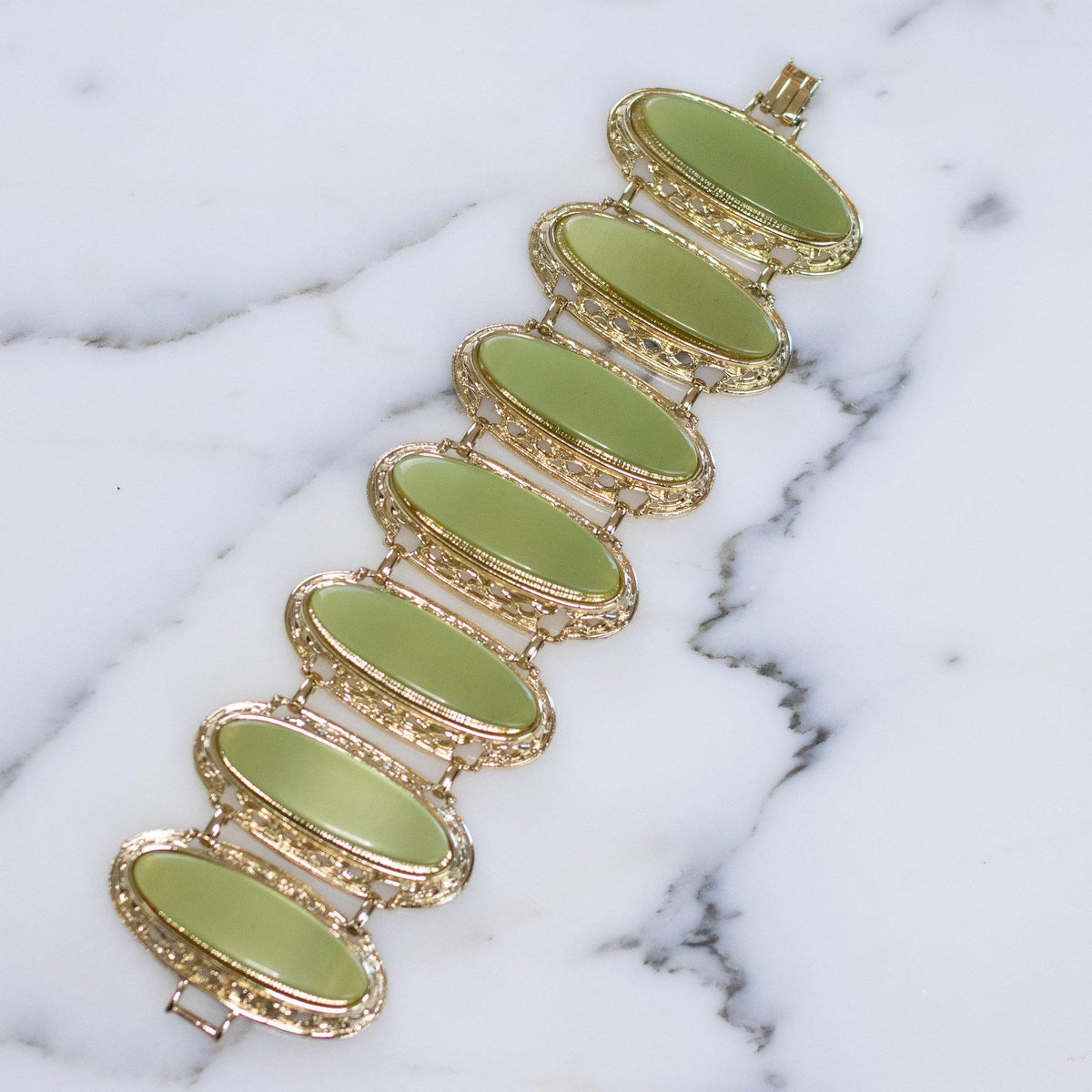 Vintage 1950s Light Green Thermoset Wide Panel Bracelet
