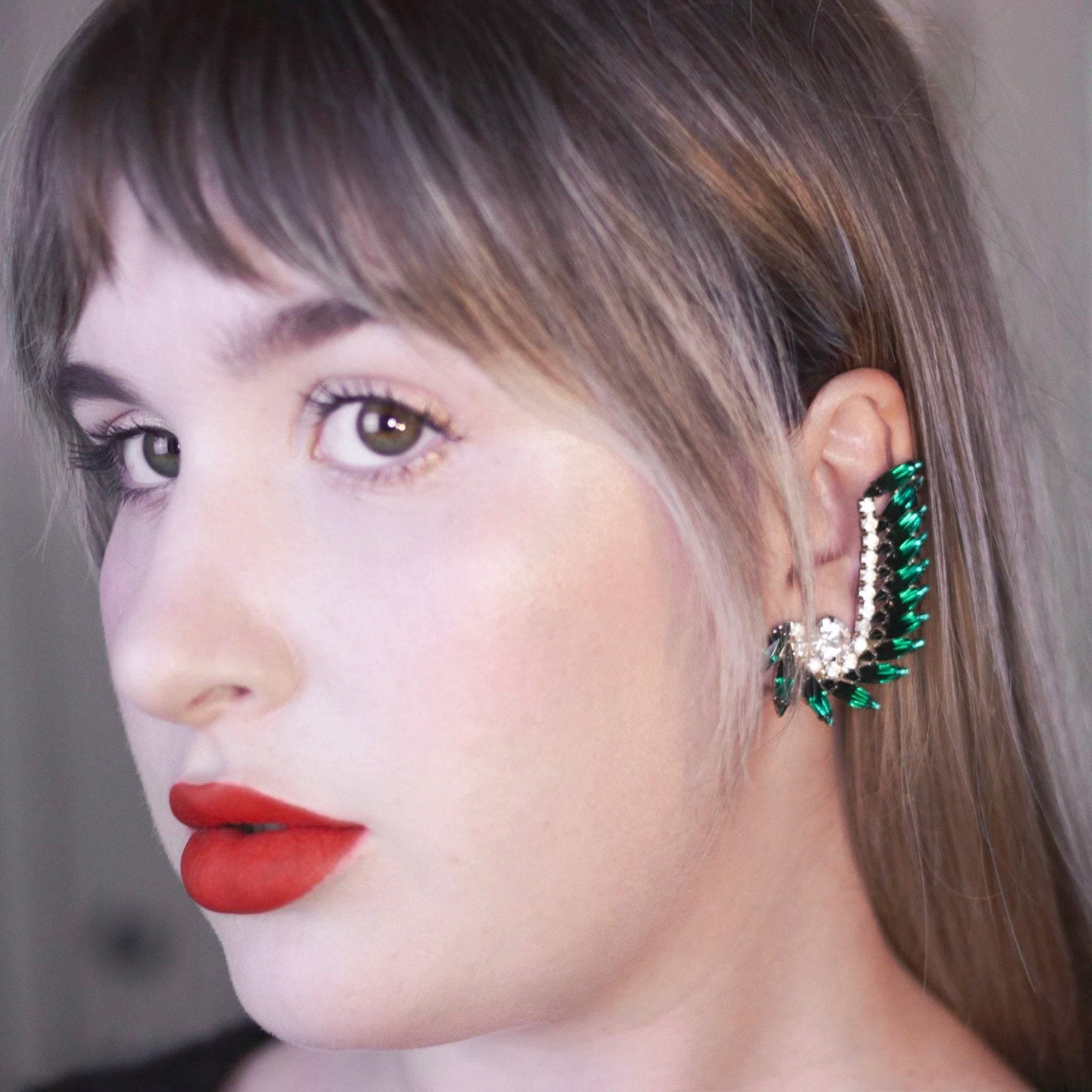 Vintage Emerald and Diamante Ear Crawler Statement Earrings by 1950s - Vintage Meet Modern Vintage Jewelry - Chicago, Illinois - #oldhollywoodglamour #vintagemeetmodern #designervintage #jewelrybox #antiquejewelry #vintagejewelry