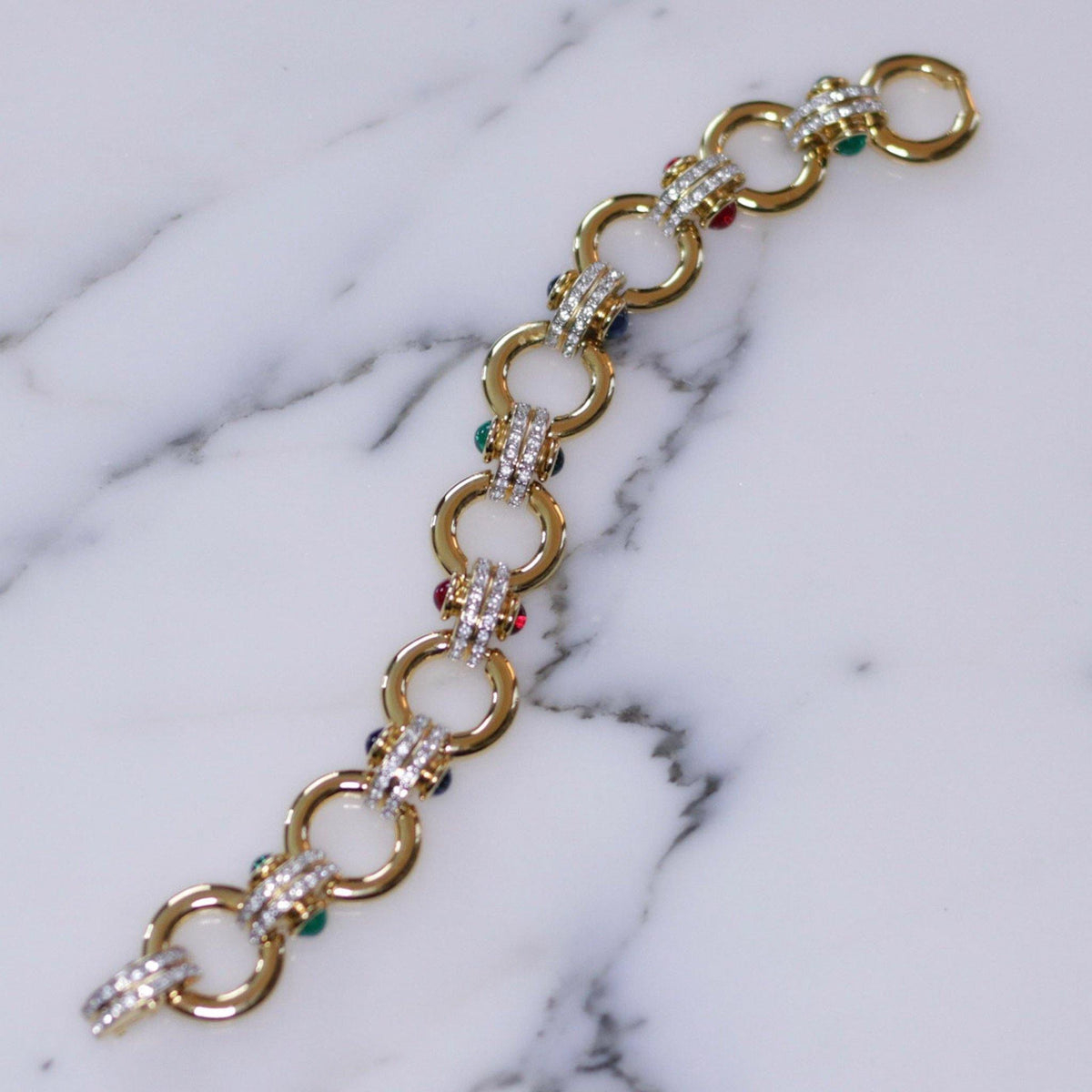 Vintage Joan Rivers Classics Gold Link Bracelet with Royal Colors Cabochons and Diamante Crystals