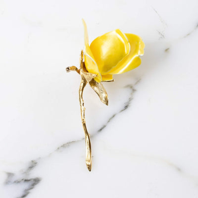 Vintage 1950s Long Stem Yellow Rose Brooch with Pearl Center by 1950s - Vintage Meet Modern Vintage Jewelry - Chicago, Illinois - #oldhollywoodglamour #vintagemeetmodern #designervintage #jewelrybox #antiquejewelry #vintagejewelry