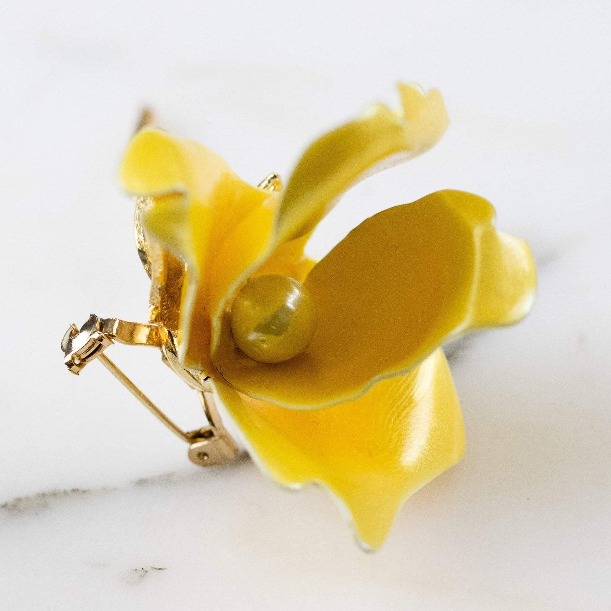 Vintage 1950s Long Stem Yellow Rose Brooch with Pearl Center by 1950s - Vintage Meet Modern Vintage Jewelry - Chicago, Illinois - #oldhollywoodglamour #vintagemeetmodern #designervintage #jewelrybox #antiquejewelry #vintagejewelry