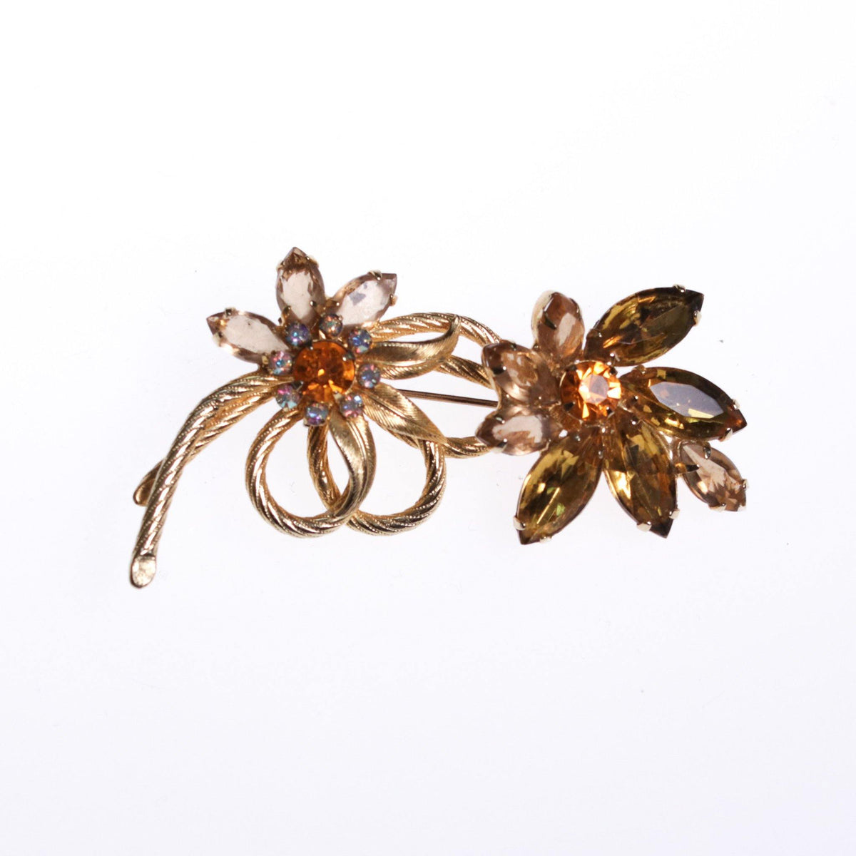 Vintage 1950s Gold Tone Rhinestone Flower Brooch