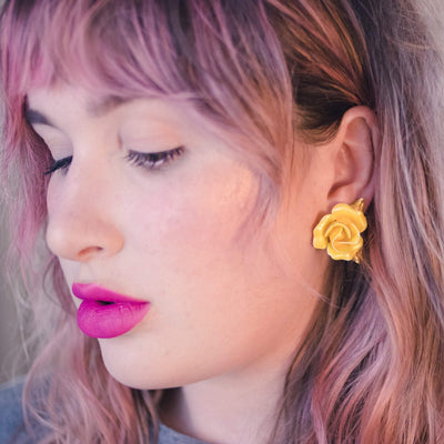 Vintage Yellow Rose Earrings by 1950s - Vintage Meet Modern Vintage Jewelry - Chicago, Illinois - #oldhollywoodglamour #vintagemeetmodern #designervintage #jewelrybox #antiquejewelry #vintagejewelry