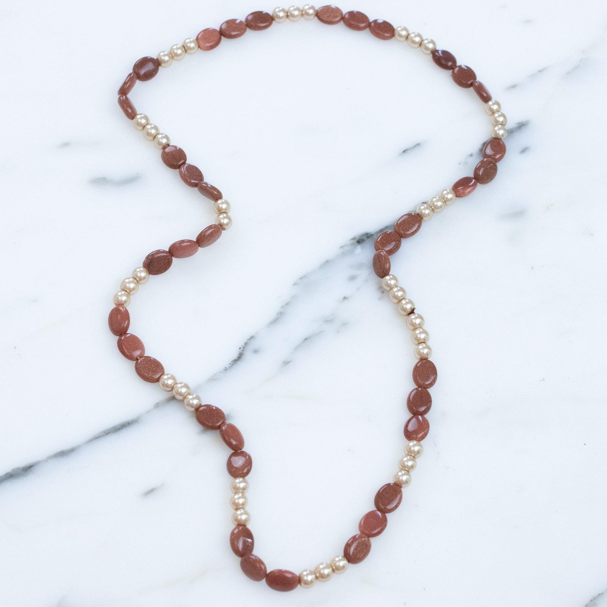 Vintage 1970s Goldstone and Faux Pearl Necklace by 1970s - Vintage Meet Modern Vintage Jewelry - Chicago, Illinois - #oldhollywoodglamour #vintagemeetmodern #designervintage #jewelrybox #antiquejewelry #vintagejewelry