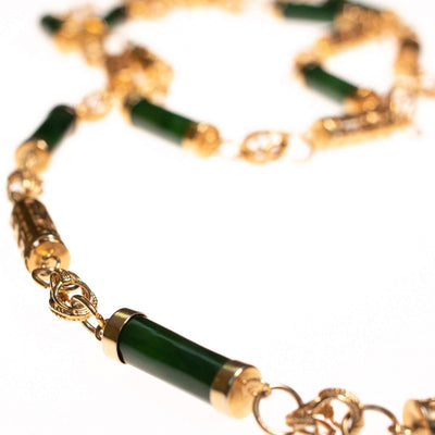 Vintage 1970s Nephrite Jade and Asian Character Barrel Bead Necklace by 1970s - Vintage Meet Modern Vintage Jewelry - Chicago, Illinois - #oldhollywoodglamour #vintagemeetmodern #designervintage #jewelrybox #antiquejewelry #vintagejewelry