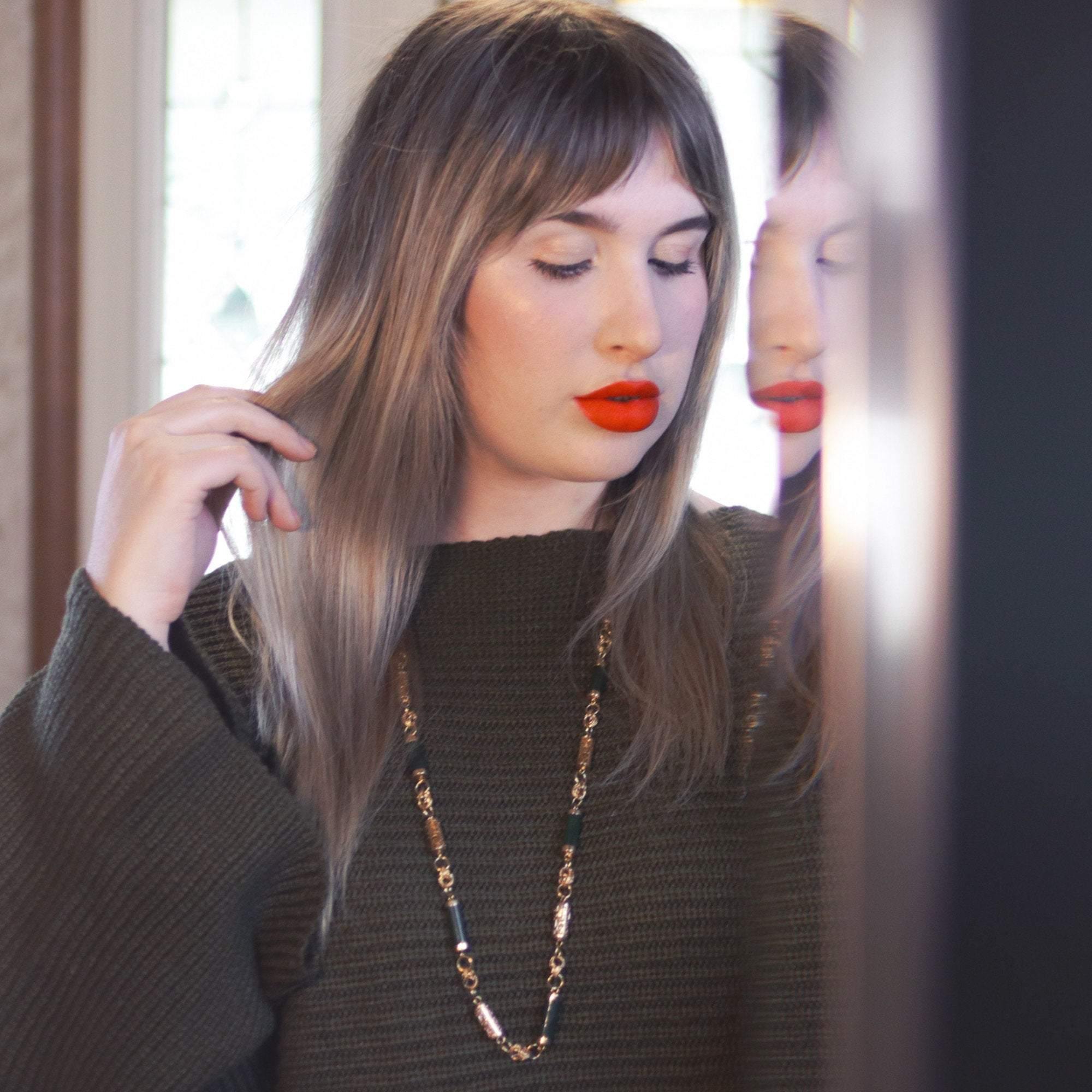 Vintage 1970s Nephrite Jade and Asian Character Barrel Bead Necklace by 1970s - Vintage Meet Modern Vintage Jewelry - Chicago, Illinois - #oldhollywoodglamour #vintagemeetmodern #designervintage #jewelrybox #antiquejewelry #vintagejewelry