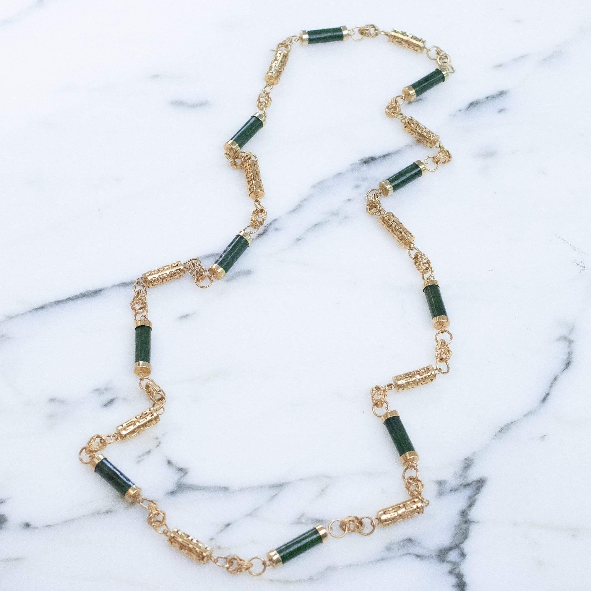 Vintage 1970s Nephrite Jade and Asian Character Barrel Bead Necklace by 1970s - Vintage Meet Modern Vintage Jewelry - Chicago, Illinois - #oldhollywoodglamour #vintagemeetmodern #designervintage #jewelrybox #antiquejewelry #vintagejewelry