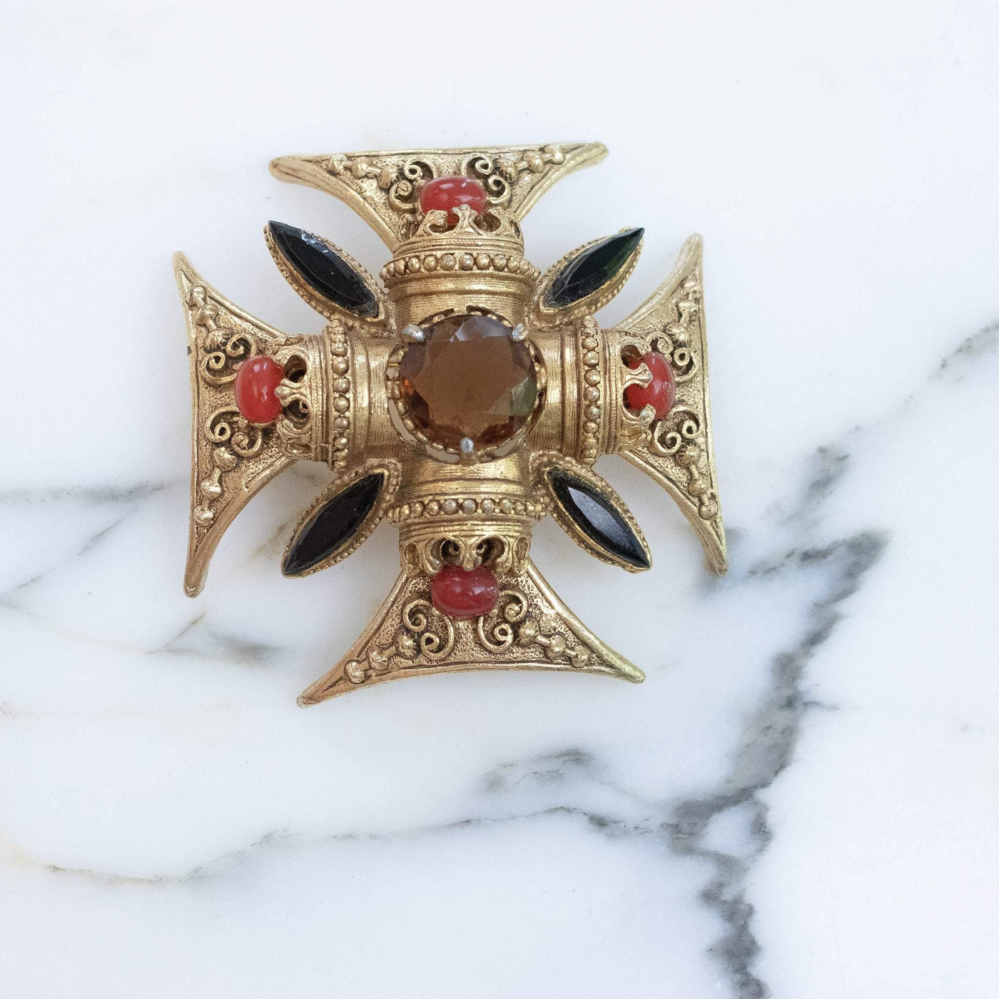 Vintage Florenza Maltese Cross Brooch/Pendant with Onyx Marquise Rhinestones, Carnelian Glass Cabochons and Smokey Crystal Crystal