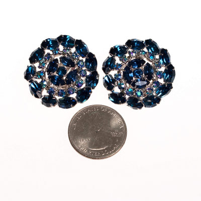Vintage Sapphire Blue and Aurora Borealis Rhinestone Medallion Earrings by 1950s - Vintage Meet Modern Vintage Jewelry - Chicago, Illinois - #oldhollywoodglamour #vintagemeetmodern #designervintage #jewelrybox #antiquejewelry #vintagejewelry