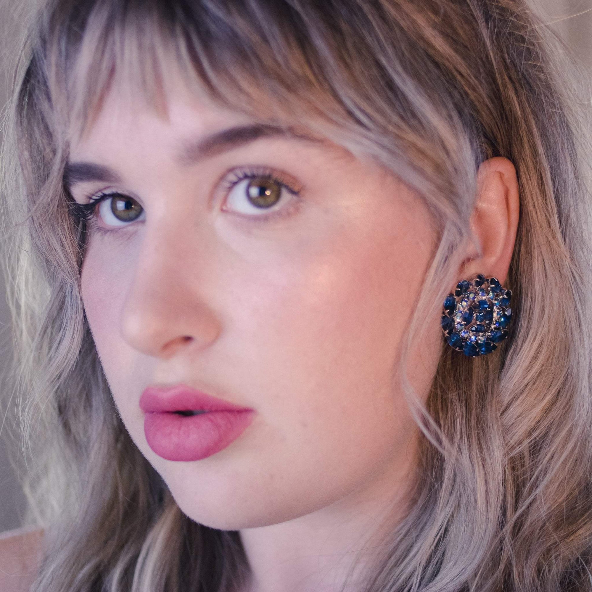 Vintage Sapphire Blue and Aurora Borealis Rhinestone Medallion Earrings by 1950s - Vintage Meet Modern Vintage Jewelry - Chicago, Illinois - #oldhollywoodglamour #vintagemeetmodern #designervintage #jewelrybox #antiquejewelry #vintagejewelry