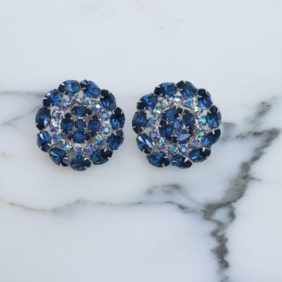 Vintage Sapphire Blue and Aurora Borealis Rhinestone Medallion Earrings by 1950s - Vintage Meet Modern Vintage Jewelry - Chicago, Illinois - #oldhollywoodglamour #vintagemeetmodern #designervintage #jewelrybox #antiquejewelry #vintagejewelry