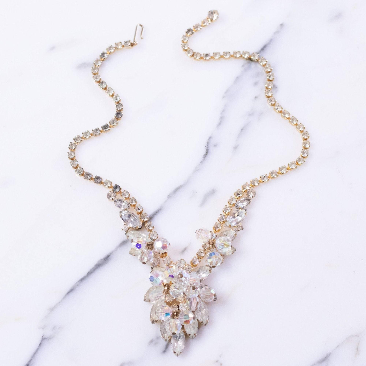 Vintage Juliana Waterfall Rhinestone Statement Necklace with Cha Cha Beads