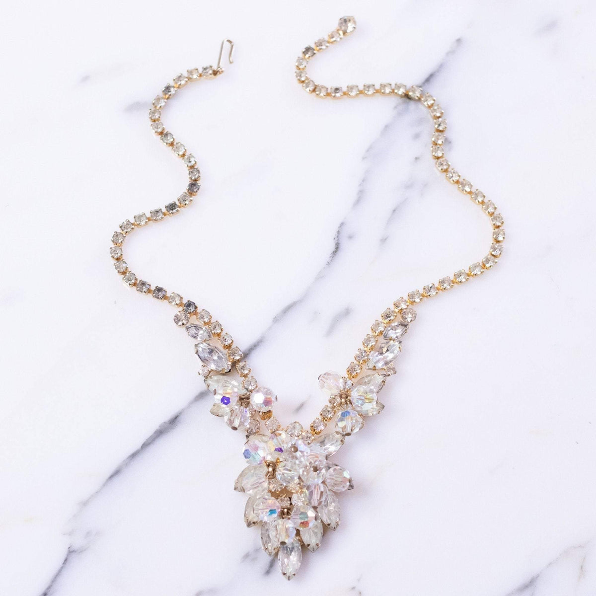 Vintage Juliana Waterfall Rhinestone Statement Necklace with Cha Cha Beads