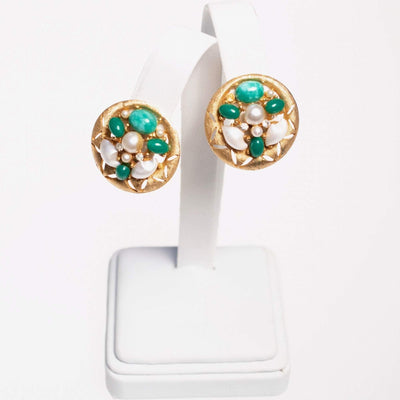 Vintage BSK Jade Lucite and Faux Pearl Cluster Medallion Statement Earrings by BSK - Vintage Meet Modern Vintage Jewelry - Chicago, Illinois - #oldhollywoodglamour #vintagemeetmodern #designervintage #jewelrybox #antiquejewelry #vintagejewelry