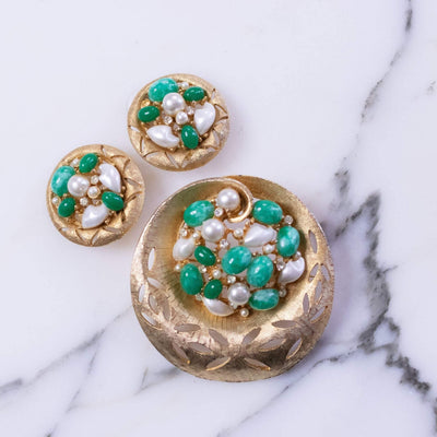 Vintage BSK Jade Lucite and Faux Pearl Cluster Medallion Statement Earrings by BSK - Vintage Meet Modern Vintage Jewelry - Chicago, Illinois - #oldhollywoodglamour #vintagemeetmodern #designervintage #jewelrybox #antiquejewelry #vintagejewelry