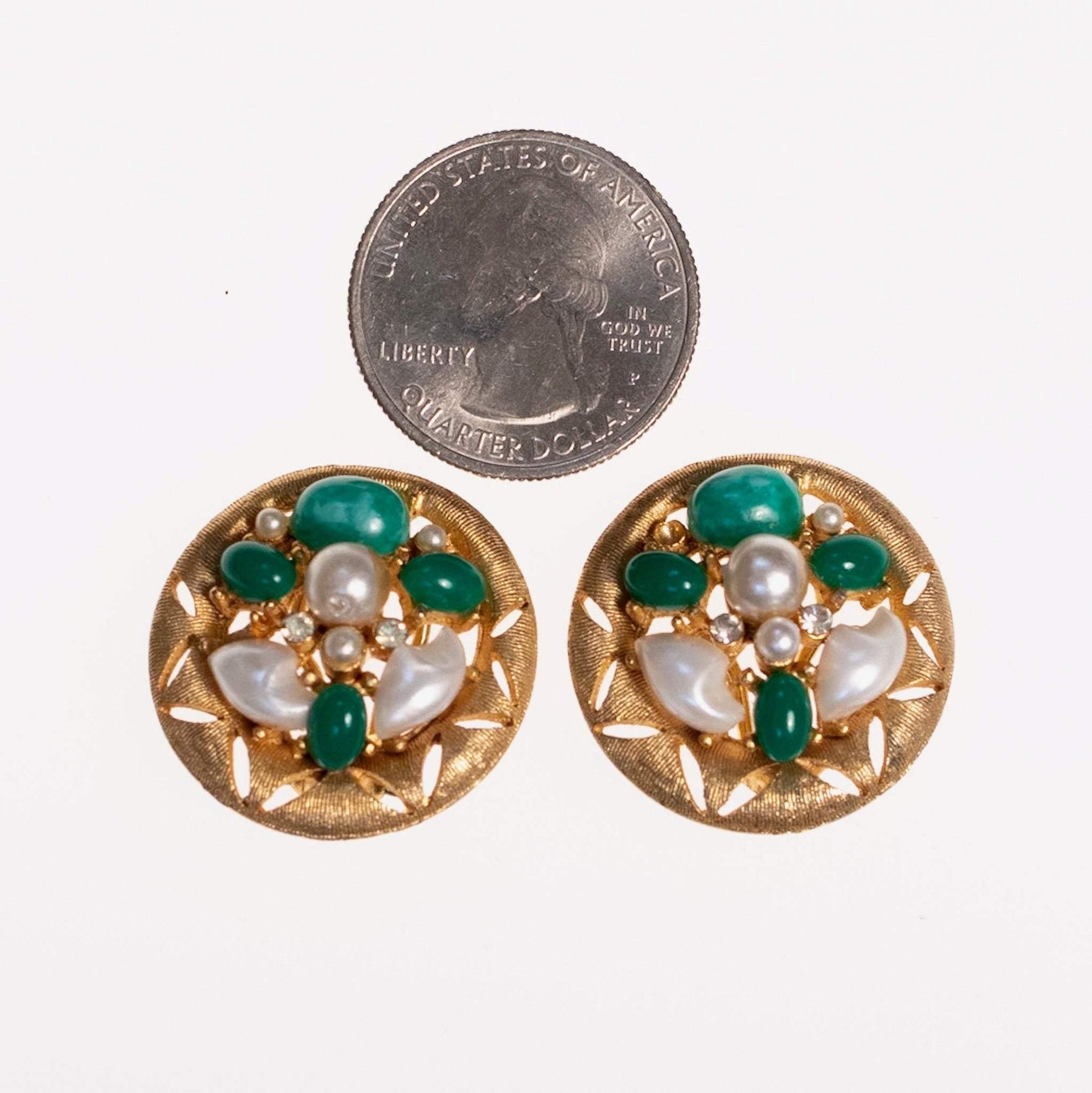 Vintage BSK Jade Lucite and Faux Pearl Cluster Medallion Statement Earrings by BSK - Vintage Meet Modern Vintage Jewelry - Chicago, Illinois - #oldhollywoodglamour #vintagemeetmodern #designervintage #jewelrybox #antiquejewelry #vintagejewelry