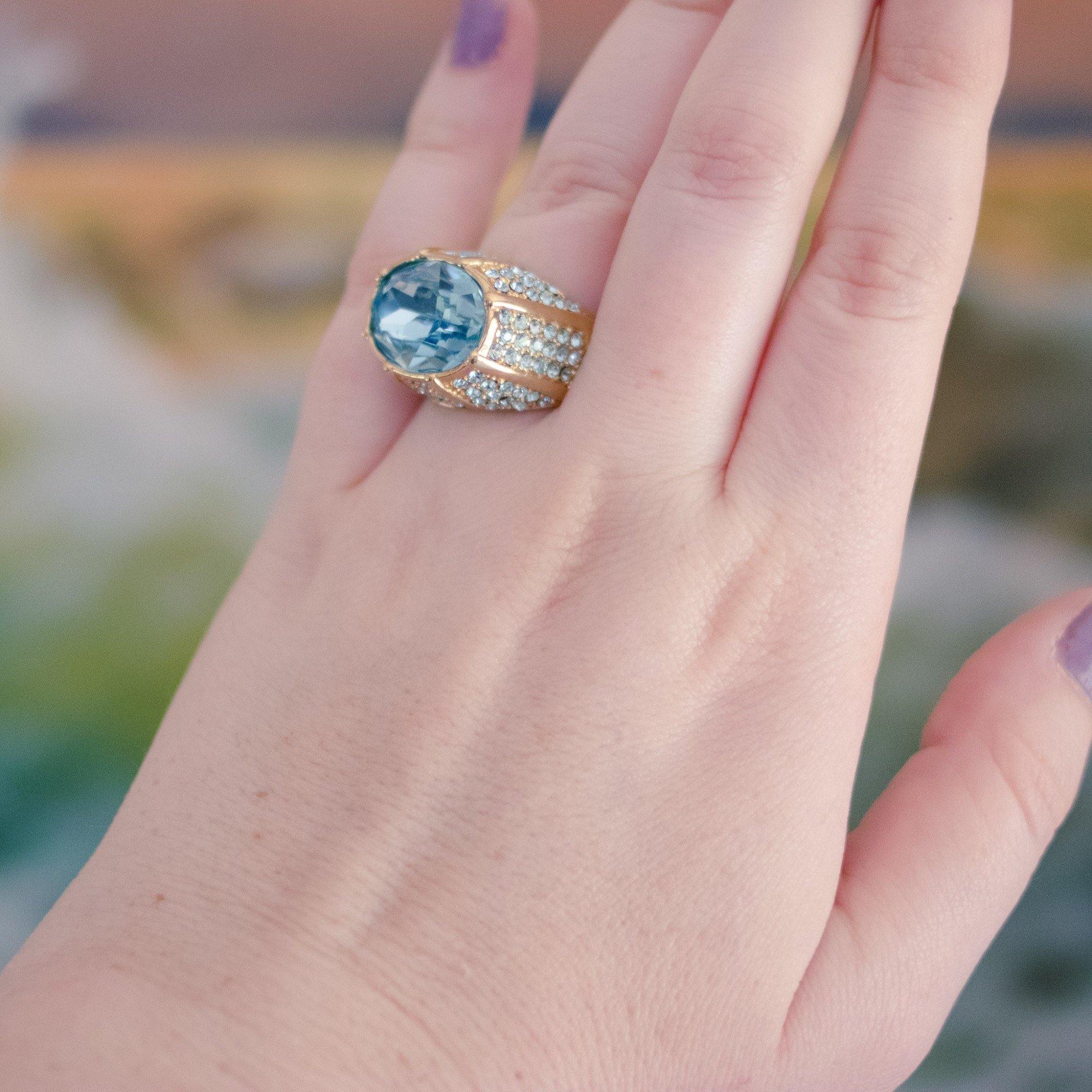 Vintage Kenneth Jay Lane Blue Crystal and Pave Statement Ring by Kenneth Jay Lane - Vintage Meet Modern Vintage Jewelry - Chicago, Illinois - #oldhollywoodglamour #vintagemeetmodern #designervintage #jewelrybox #antiquejewelry #vintagejewelry