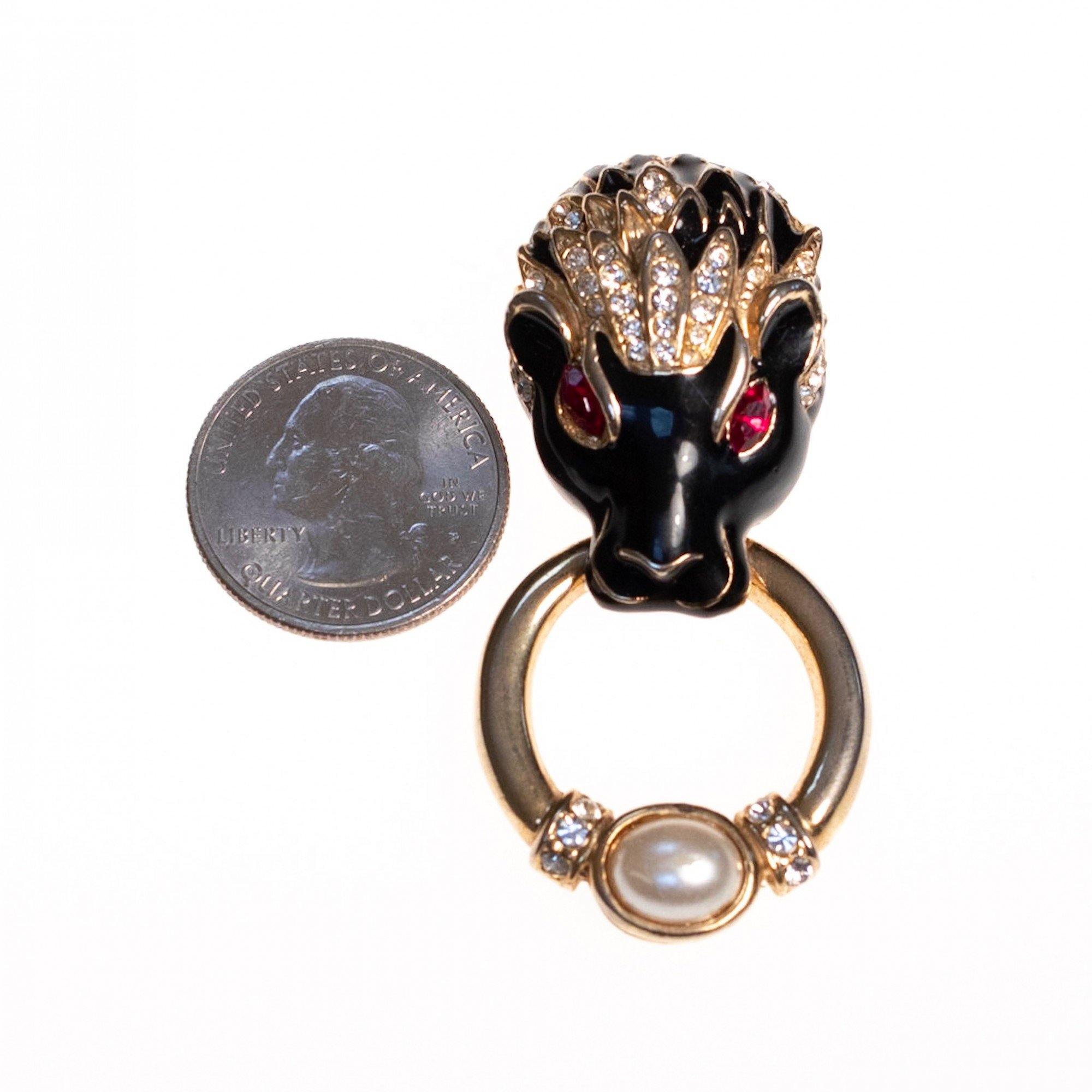Vintage Lion Doorknocker Brooch Black Enamel with Pave Crystals and Ruby Red Crystal Eyes by 1980s - Vintage Meet Modern Vintage Jewelry - Chicago, Illinois - #oldhollywoodglamour #vintagemeetmodern #designervintage #jewelrybox #antiquejewelry #vintagejewelry