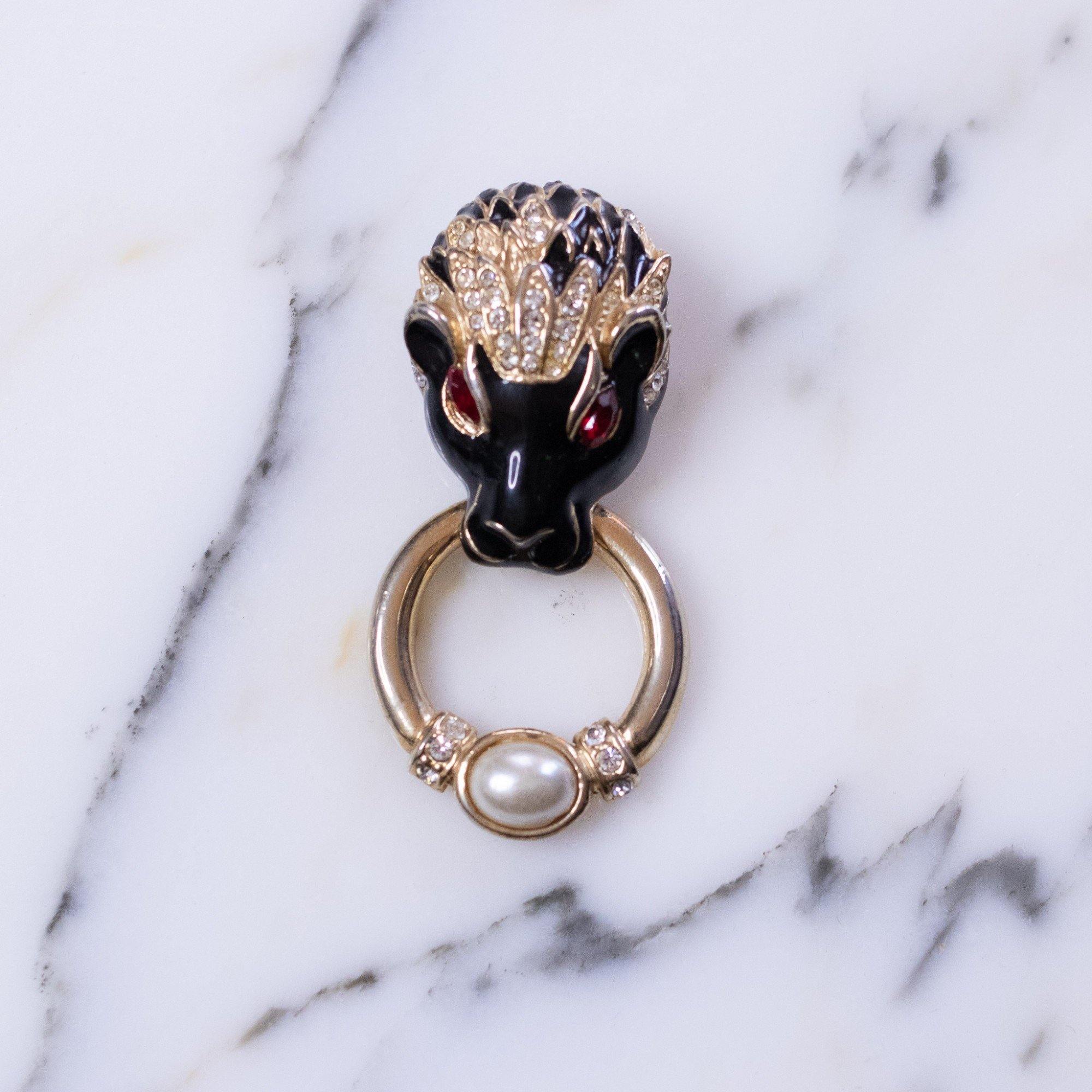 Vintage Lion Doorknocker Brooch Black Enamel with Pave Crystals and Ruby Red Crystal Eyes by 1980s - Vintage Meet Modern Vintage Jewelry - Chicago, Illinois - #oldhollywoodglamour #vintagemeetmodern #designervintage #jewelrybox #antiquejewelry #vintagejewelry