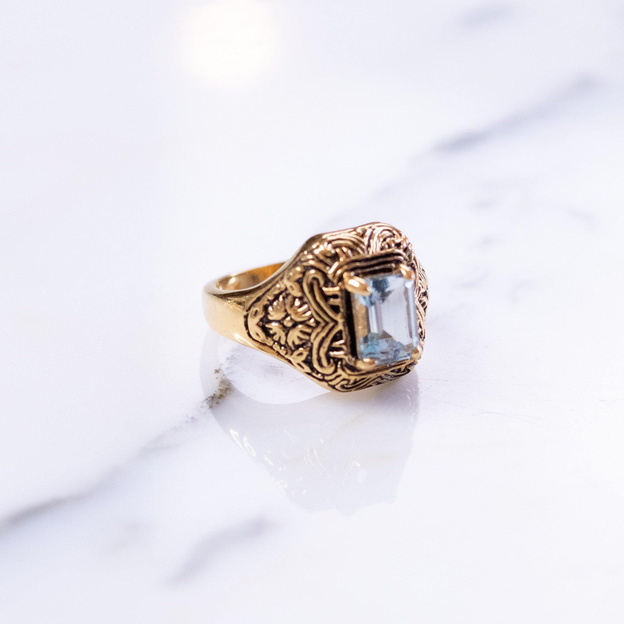Vintage Art Deco Blue Emerald Cut Crystal Ring with Etched 18kt Gold Plated Setting by Sterling SIlver - Vintage Meet Modern Vintage Jewelry - Chicago, Illinois - #oldhollywoodglamour #vintagemeetmodern #designervintage #jewelrybox #antiquejewelry #vintagejewelry