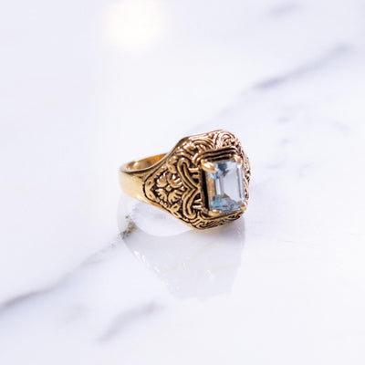 Vintage Art Deco Blue Emerald Cut Crystal Ring with Etched 18kt Gold Plated Setting by Sterling SIlver - Vintage Meet Modern Vintage Jewelry - Chicago, Illinois - #oldhollywoodglamour #vintagemeetmodern #designervintage #jewelrybox #antiquejewelry #vintagejewelry