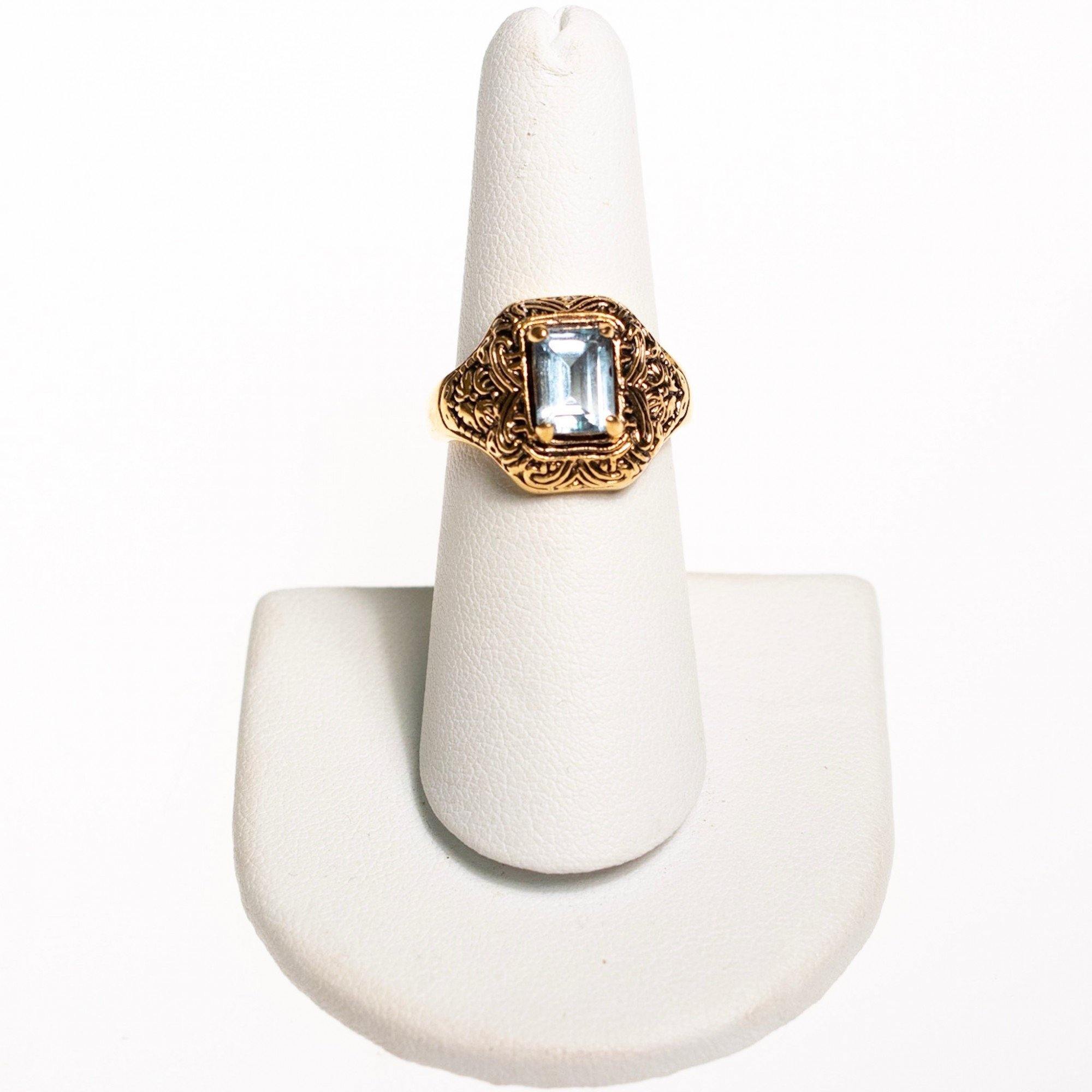 Vintage Art Deco Blue Emerald Cut Crystal Ring with Etched 18kt Gold Plated Setting by Sterling SIlver - Vintage Meet Modern Vintage Jewelry - Chicago, Illinois - #oldhollywoodglamour #vintagemeetmodern #designervintage #jewelrybox #antiquejewelry #vintagejewelry