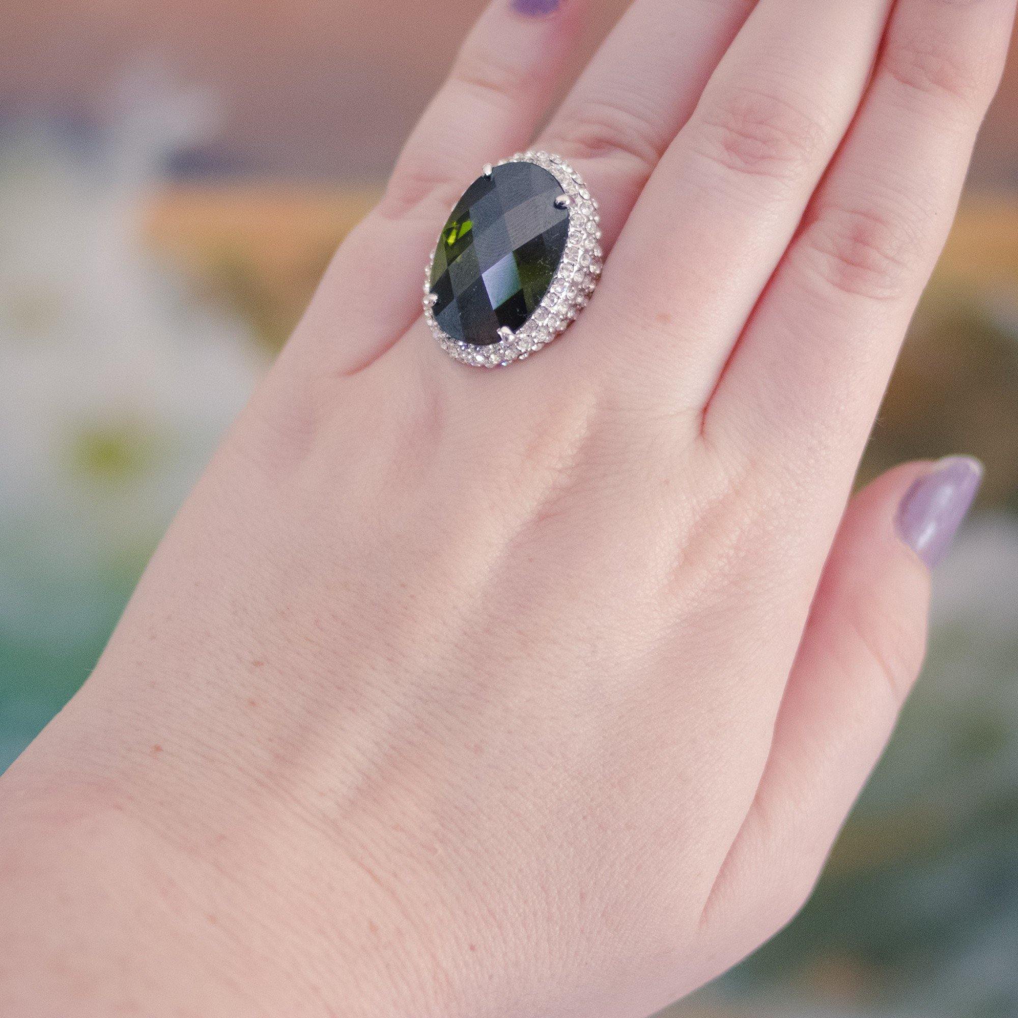 Vintage Olive Oval Crystal Cocktail Ring with Pave Accents by 1990s - Vintage Meet Modern Vintage Jewelry - Chicago, Illinois - #oldhollywoodglamour #vintagemeetmodern #designervintage #jewelrybox #antiquejewelry #vintagejewelry