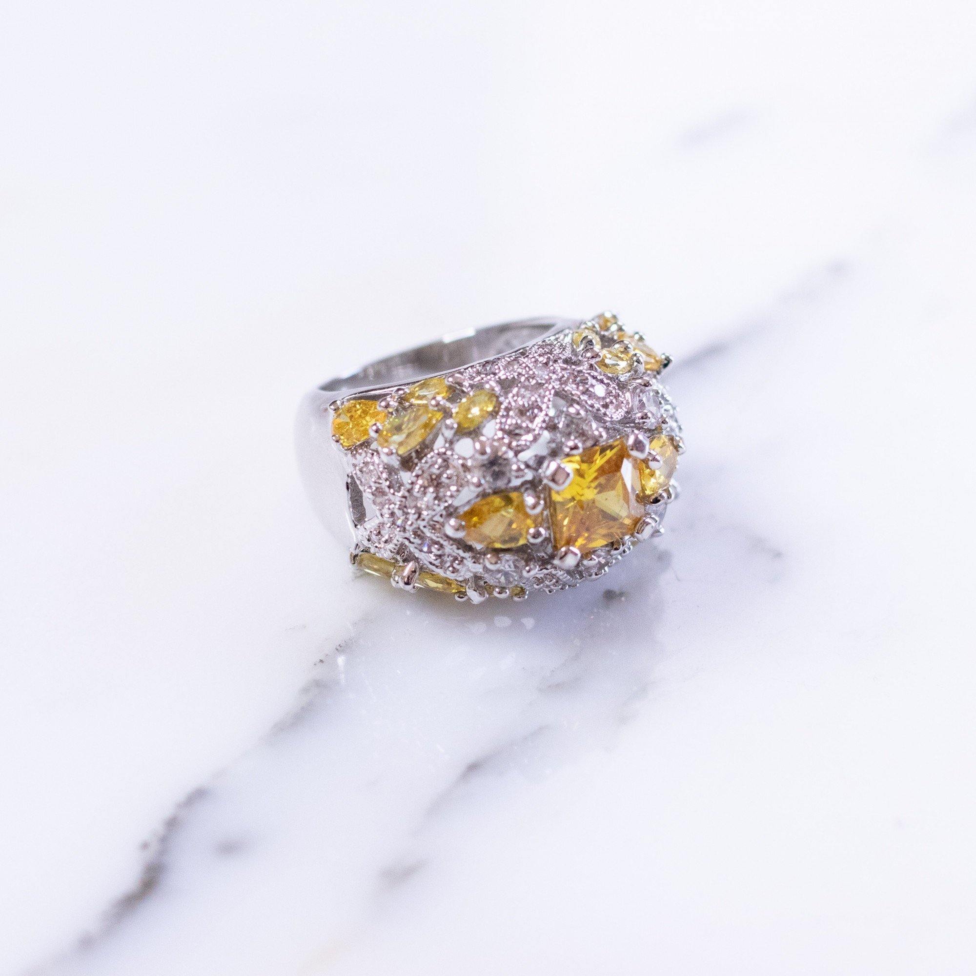 Vintage Yellow Diamante Crystal Wide Domed Cocktail Statement Ring by 1980s - Vintage Meet Modern Vintage Jewelry - Chicago, Illinois - #oldhollywoodglamour #vintagemeetmodern #designervintage #jewelrybox #antiquejewelry #vintagejewelry