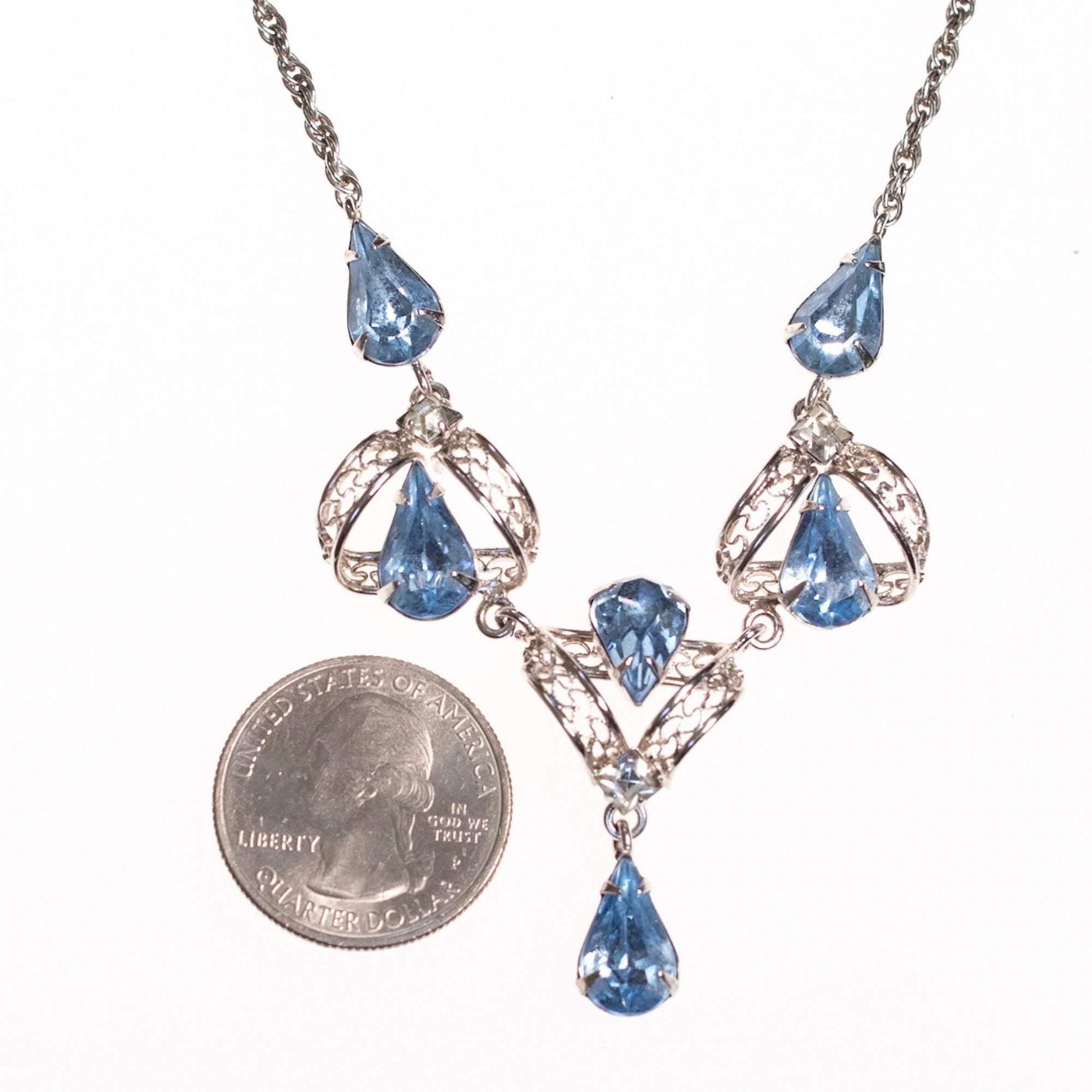 Vintage 1950s Silver Filigree Lavalier Necklace with Blue Crystals by Sterling Silver - Vintage Meet Modern Vintage Jewelry - Chicago, Illinois - #oldhollywoodglamour #vintagemeetmodern #designervintage #jewelrybox #antiquejewelry #vintagejewelry