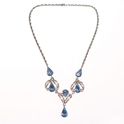 Vintage 1950s Silver Filigree Lavalier Necklace with Blue Crystals by Sterling Silver - Vintage Meet Modern Vintage Jewelry - Chicago, Illinois - #oldhollywoodglamour #vintagemeetmodern #designervintage #jewelrybox #antiquejewelry #vintagejewelry