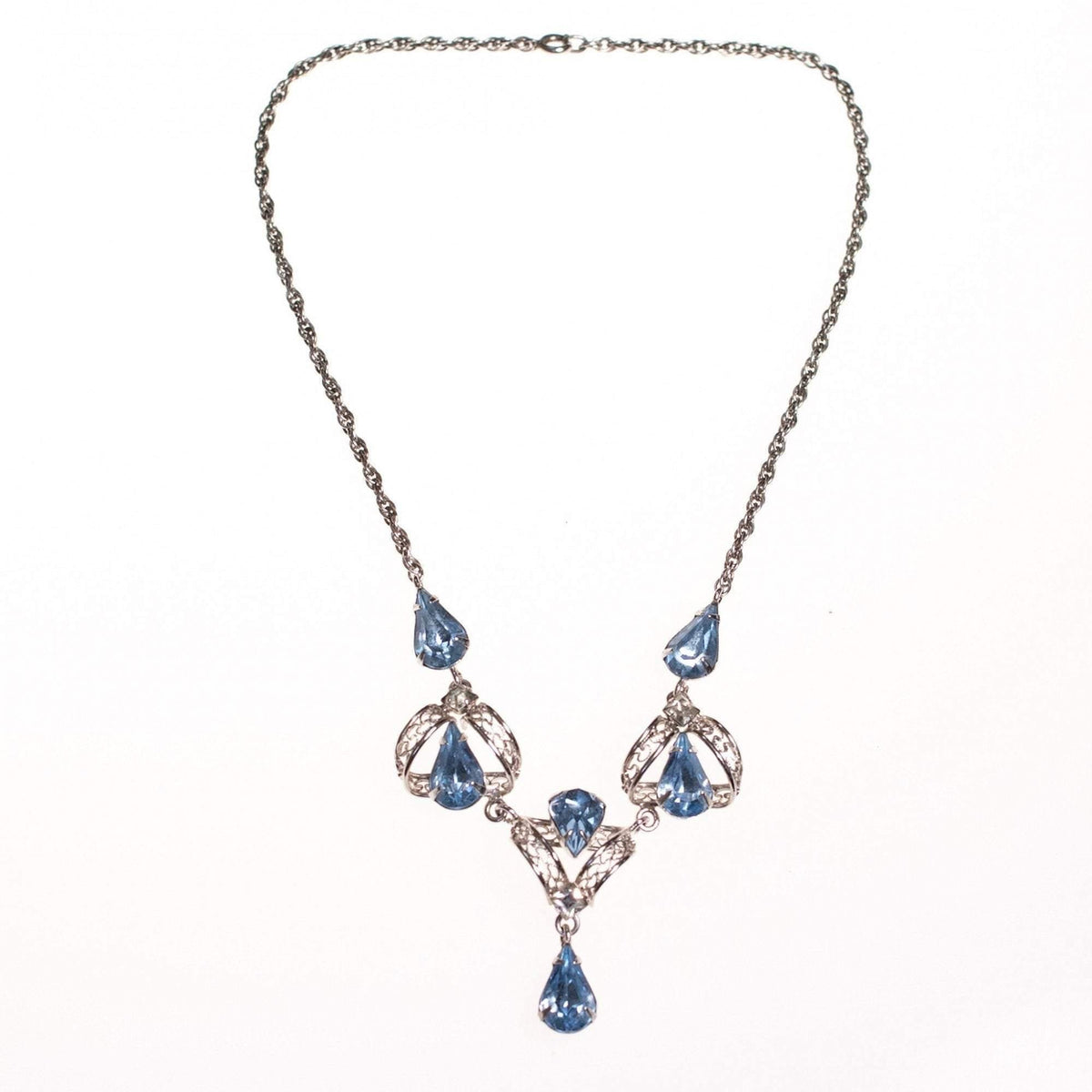 Vintage 1950s Silver Filigree Lavalier Necklace with Blue Crystals