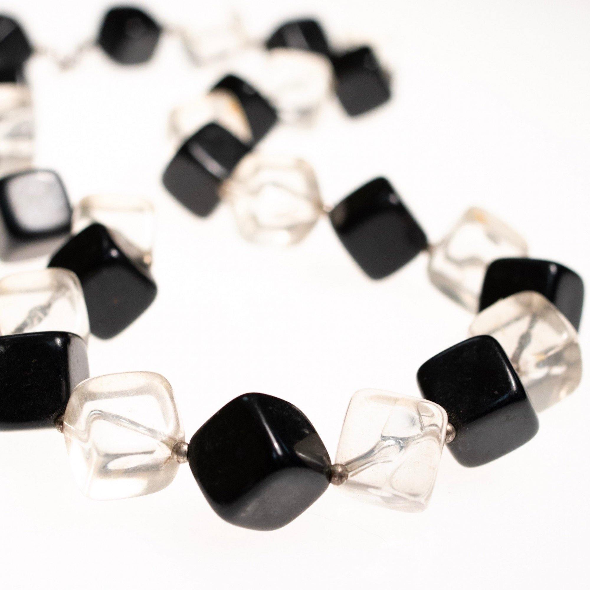Vintage 1950s Square Clear and Black Chunky Lucite Beaded Necklace by Lucite - Vintage Meet Modern Vintage Jewelry - Chicago, Illinois - #oldhollywoodglamour #vintagemeetmodern #designervintage #jewelrybox #antiquejewelry #vintagejewelry