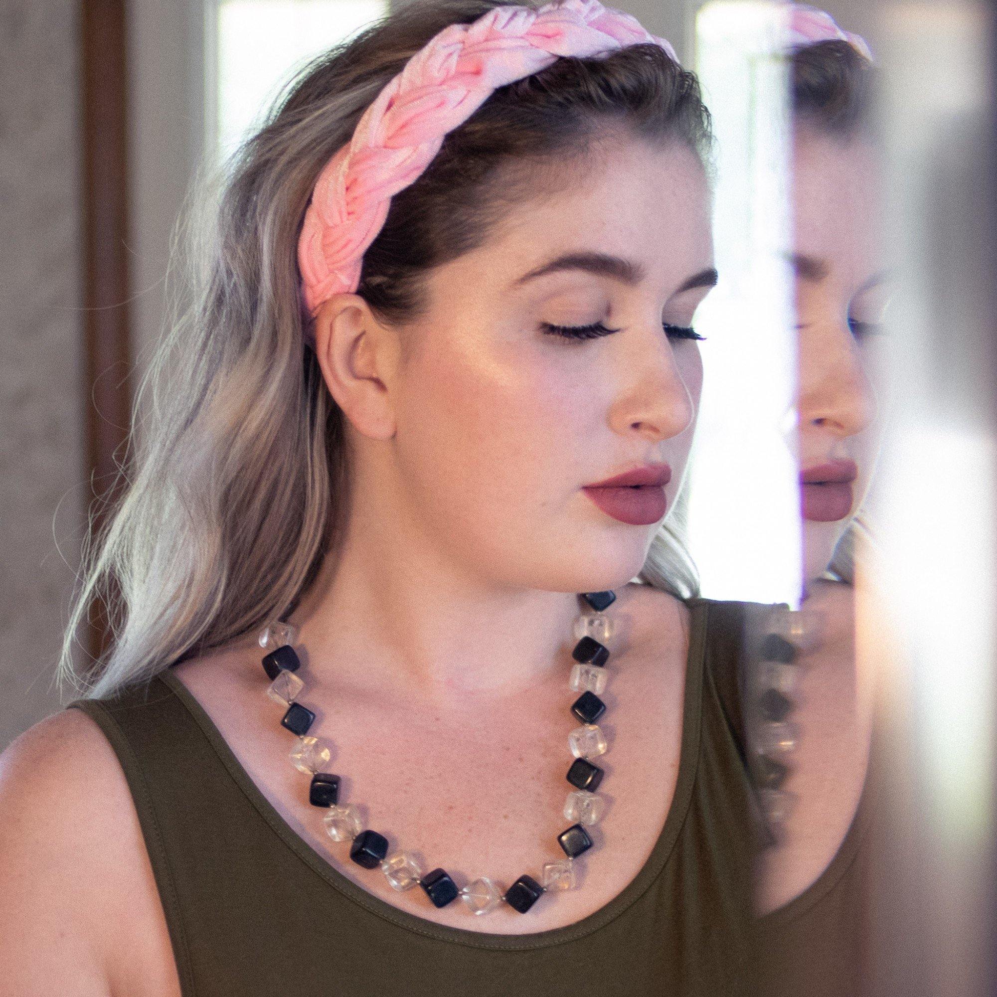 Vintage 1950s Square Clear and Black Chunky Lucite Beaded Necklace by Lucite - Vintage Meet Modern Vintage Jewelry - Chicago, Illinois - #oldhollywoodglamour #vintagemeetmodern #designervintage #jewelrybox #antiquejewelry #vintagejewelry