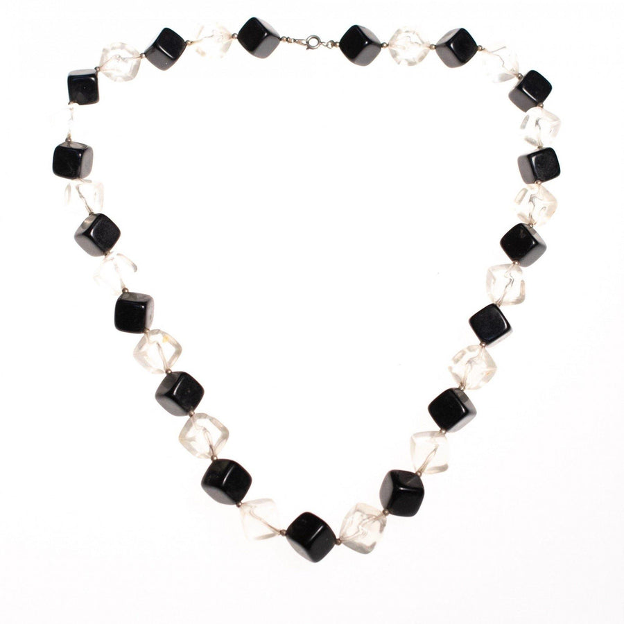 Vintage 1950s Square Clear and Black Chunky Lucite Beaded Necklace by Lucite - Vintage Meet Modern Vintage Jewelry - Chicago, Illinois - #oldhollywoodglamour #vintagemeetmodern #designervintage #jewelrybox #antiquejewelry #vintagejewelry