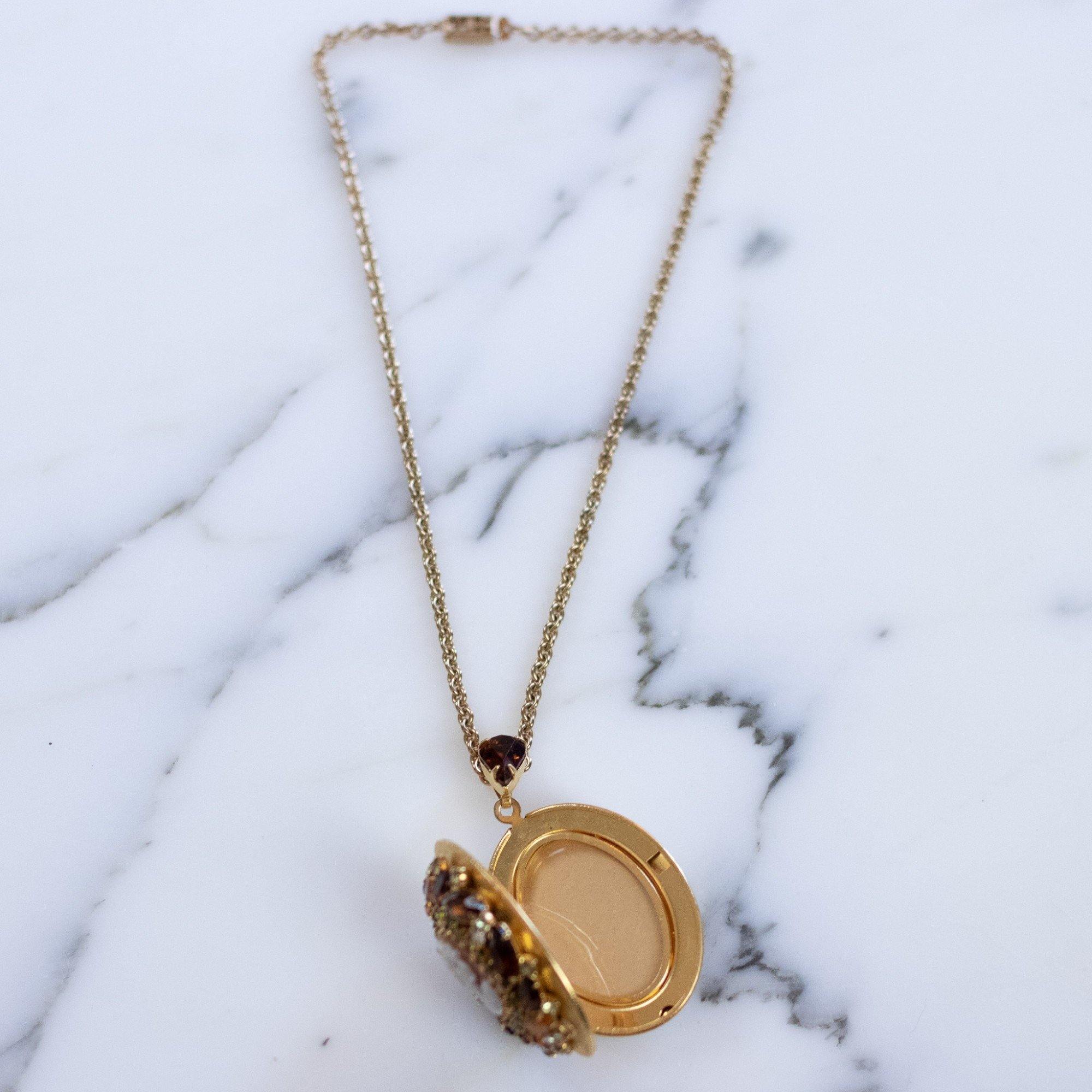 Vintage 1950s Hobe Cameo Locket with Amber, Citrine, and Light Green Rhinestones by Hobe - Vintage Meet Modern Vintage Jewelry - Chicago, Illinois - #oldhollywoodglamour #vintagemeetmodern #designervintage #jewelrybox #antiquejewelry #vintagejewelry