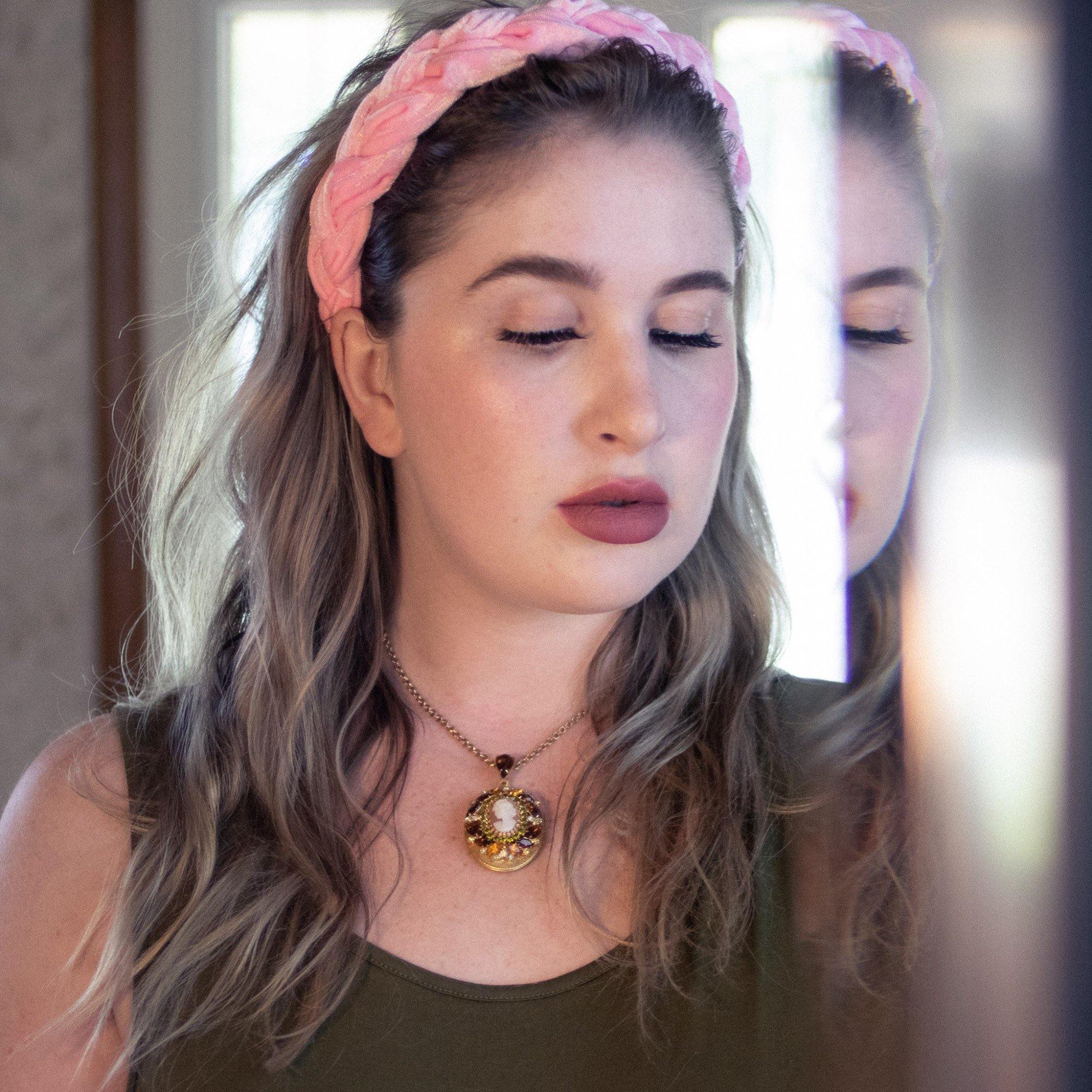 Vintage 1950s Hobe Cameo Locket with Amber, Citrine, and Light Green Rhinestones by Hobe - Vintage Meet Modern Vintage Jewelry - Chicago, Illinois - #oldhollywoodglamour #vintagemeetmodern #designervintage #jewelrybox #antiquejewelry #vintagejewelry