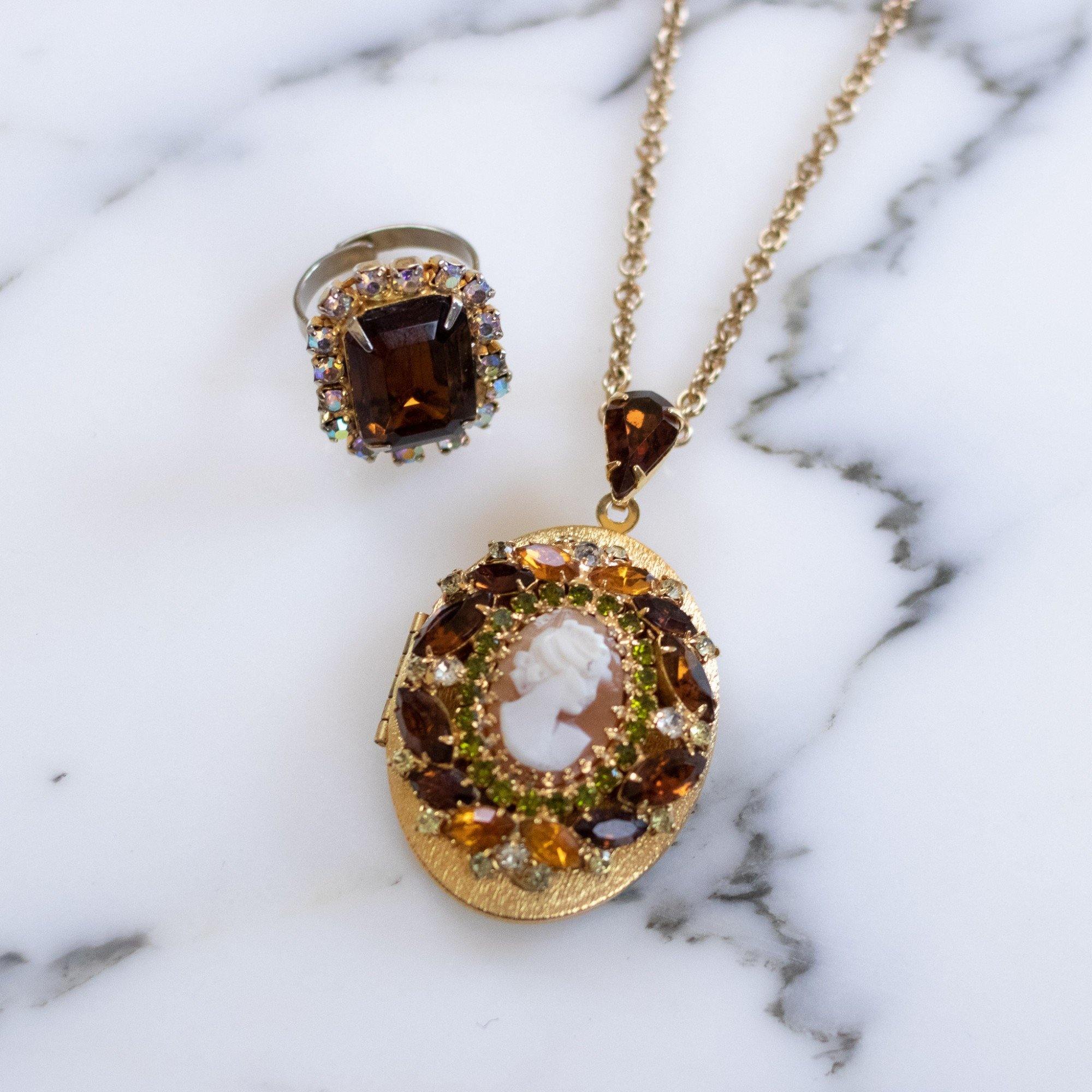 Vintage 1950s Hobe Cameo Locket with Amber, Citrine, and Light Green Rhinestones by Hobe - Vintage Meet Modern Vintage Jewelry - Chicago, Illinois - #oldhollywoodglamour #vintagemeetmodern #designervintage #jewelrybox #antiquejewelry #vintagejewelry