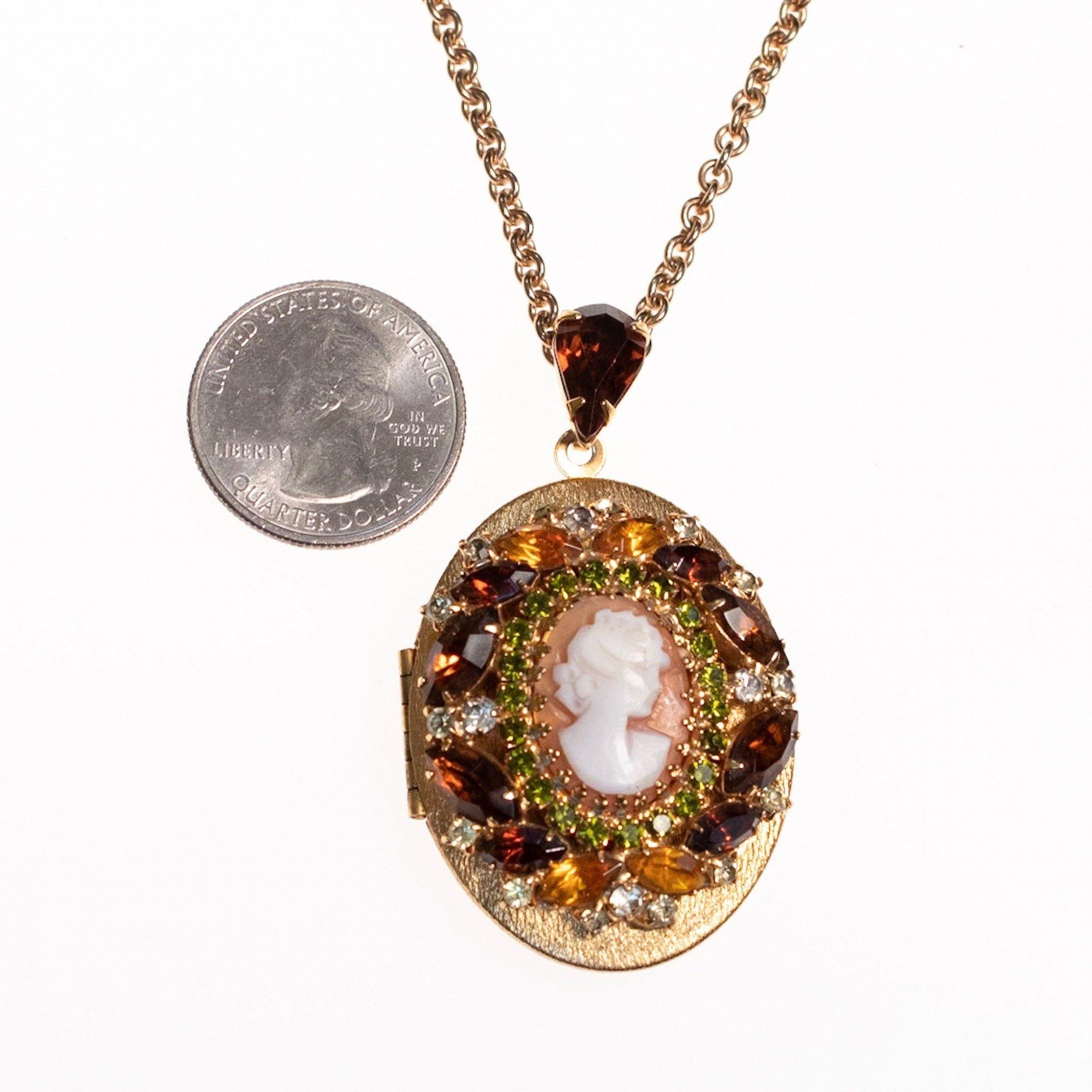 Vintage 1950s Hobe Cameo Locket with Amber, Citrine, and Light Green Rhinestones by Hobe - Vintage Meet Modern Vintage Jewelry - Chicago, Illinois - #oldhollywoodglamour #vintagemeetmodern #designervintage #jewelrybox #antiquejewelry #vintagejewelry