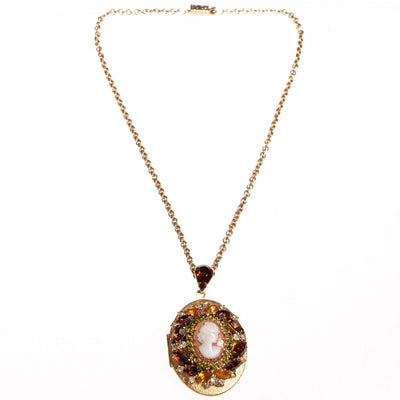 Vintage 1950s Hobe Cameo Locket with Amber, Citrine, and Light Green Rhinestones by Hobe - Vintage Meet Modern Vintage Jewelry - Chicago, Illinois - #oldhollywoodglamour #vintagemeetmodern #designervintage #jewelrybox #antiquejewelry #vintagejewelry