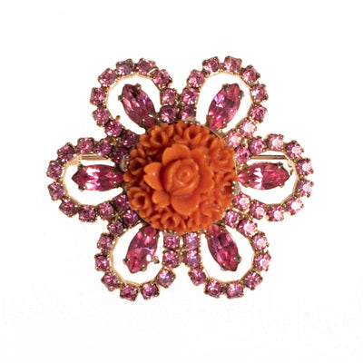 Vintage Kramer NY Coral Celluloid and Pink Rhinestone Brooch by Kramer NY - Vintage Meet Modern Vintage Jewelry - Chicago, Illinois - #oldhollywoodglamour #vintagemeetmodern #designervintage #jewelrybox #antiquejewelry #vintagejewelry