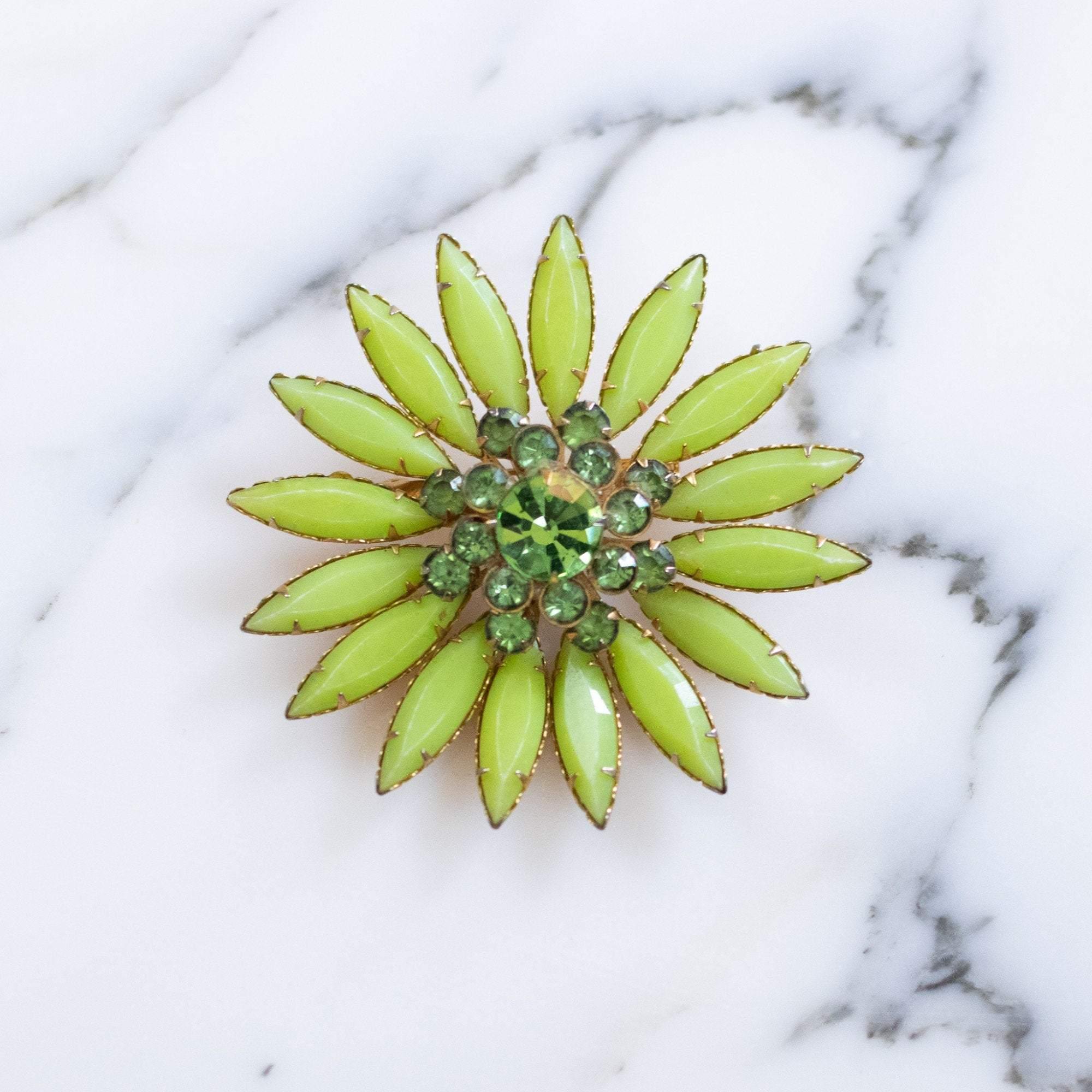 Vintage Green Rhinestone Flower Brooch by 1950s - Vintage Meet Modern Vintage Jewelry - Chicago, Illinois - #oldhollywoodglamour #vintagemeetmodern #designervintage #jewelrybox #antiquejewelry #vintagejewelry