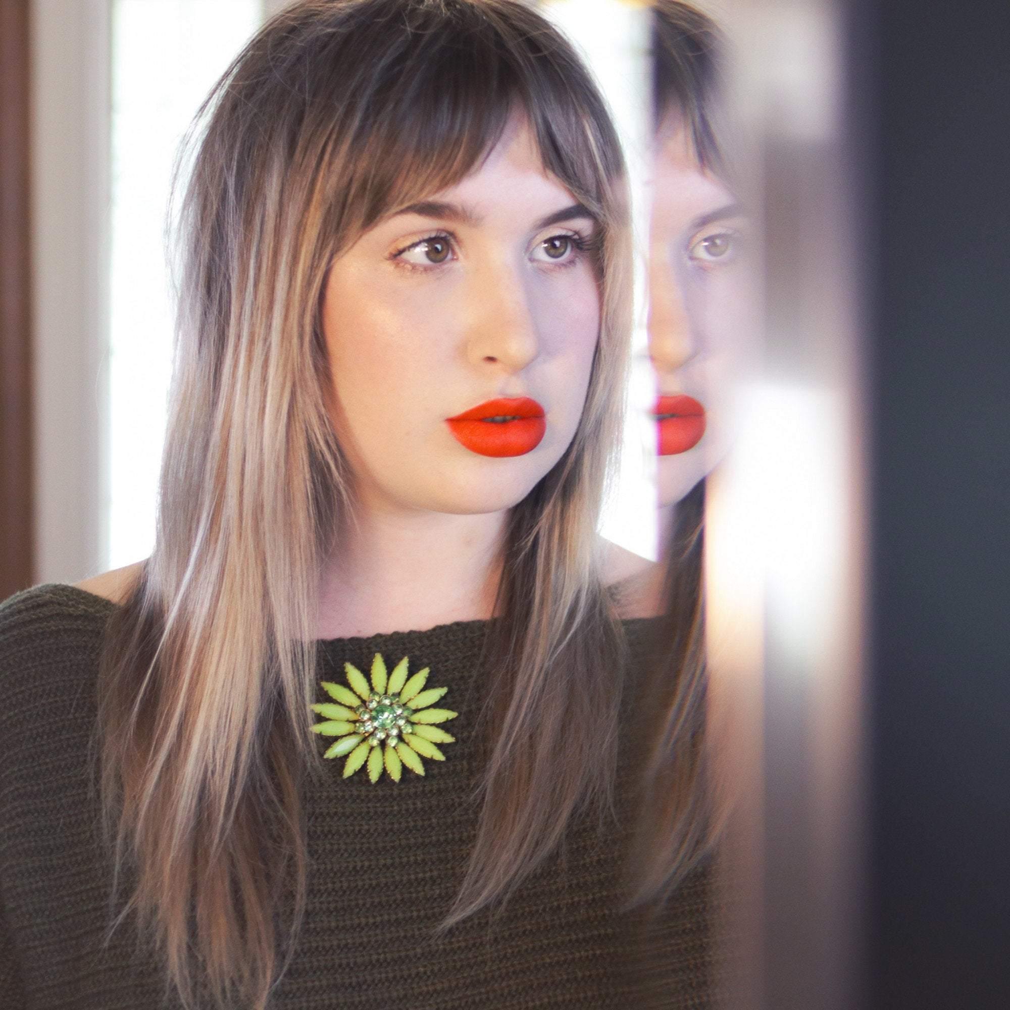 Vintage Green Rhinestone Flower Brooch by 1950s - Vintage Meet Modern Vintage Jewelry - Chicago, Illinois - #oldhollywoodglamour #vintagemeetmodern #designervintage #jewelrybox #antiquejewelry #vintagejewelry