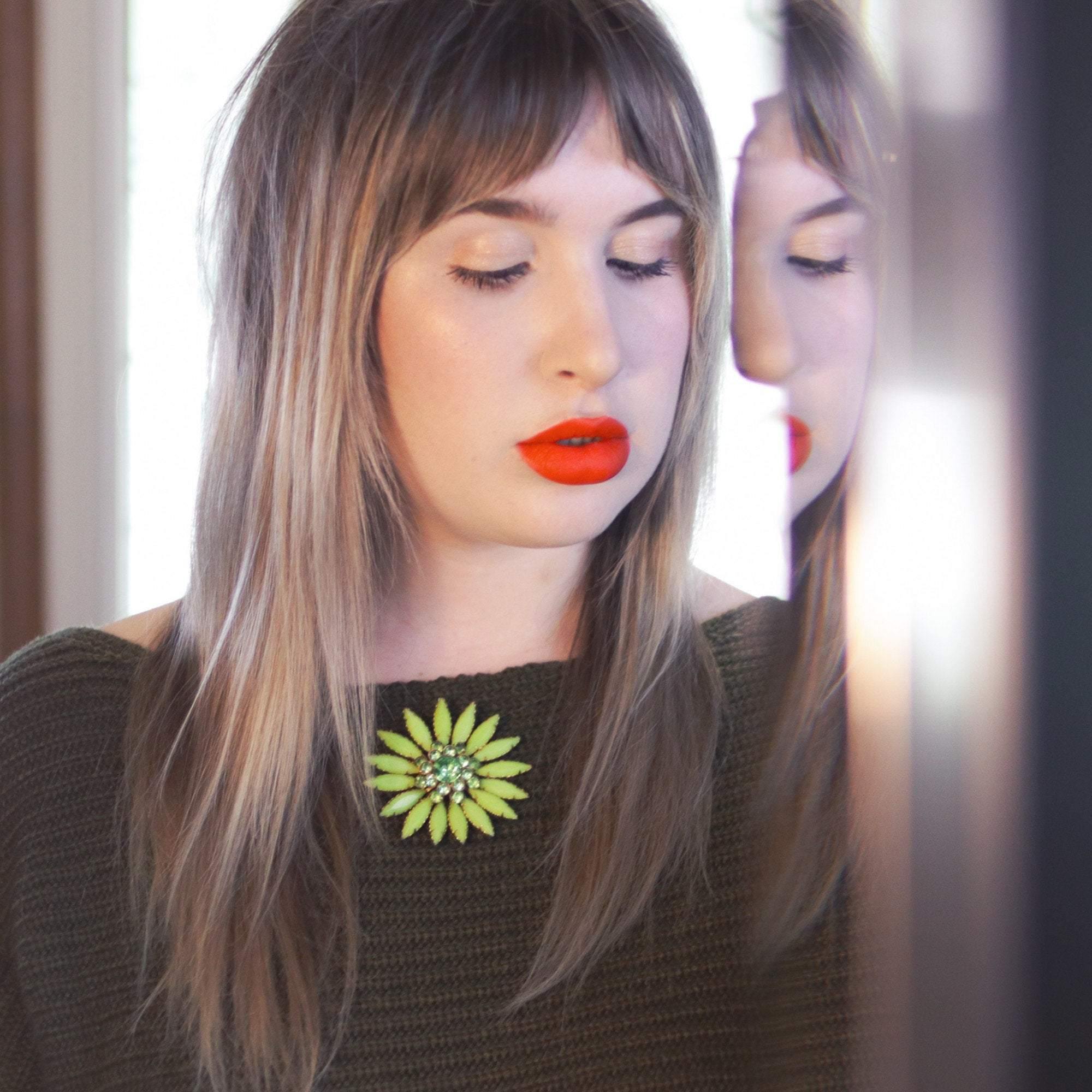 Vintage Green Rhinestone Flower Brooch by 1950s - Vintage Meet Modern Vintage Jewelry - Chicago, Illinois - #oldhollywoodglamour #vintagemeetmodern #designervintage #jewelrybox #antiquejewelry #vintagejewelry