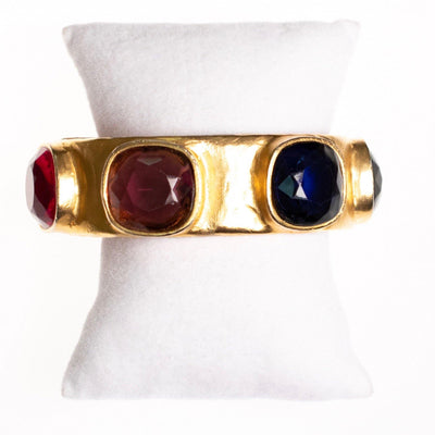 Vintage Kenneth Jay Lane Bejewled Royal Color Gold Cuff Bracelet by Kenneth Jay Lane - Vintage Meet Modern Vintage Jewelry - Chicago, Illinois - #oldhollywoodglamour #vintagemeetmodern #designervintage #jewelrybox #antiquejewelry #vintagejewelry
