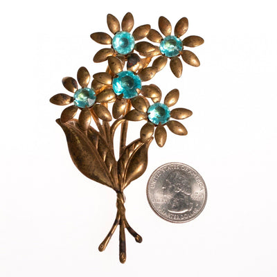 1940s Brass Flower Brooch With Aqua Lucite Crystals by 1940s - Vintage Meet Modern Vintage Jewelry - Chicago, Illinois - #oldhollywoodglamour #vintagemeetmodern #designervintage #jewelrybox #antiquejewelry #vintagejewelry