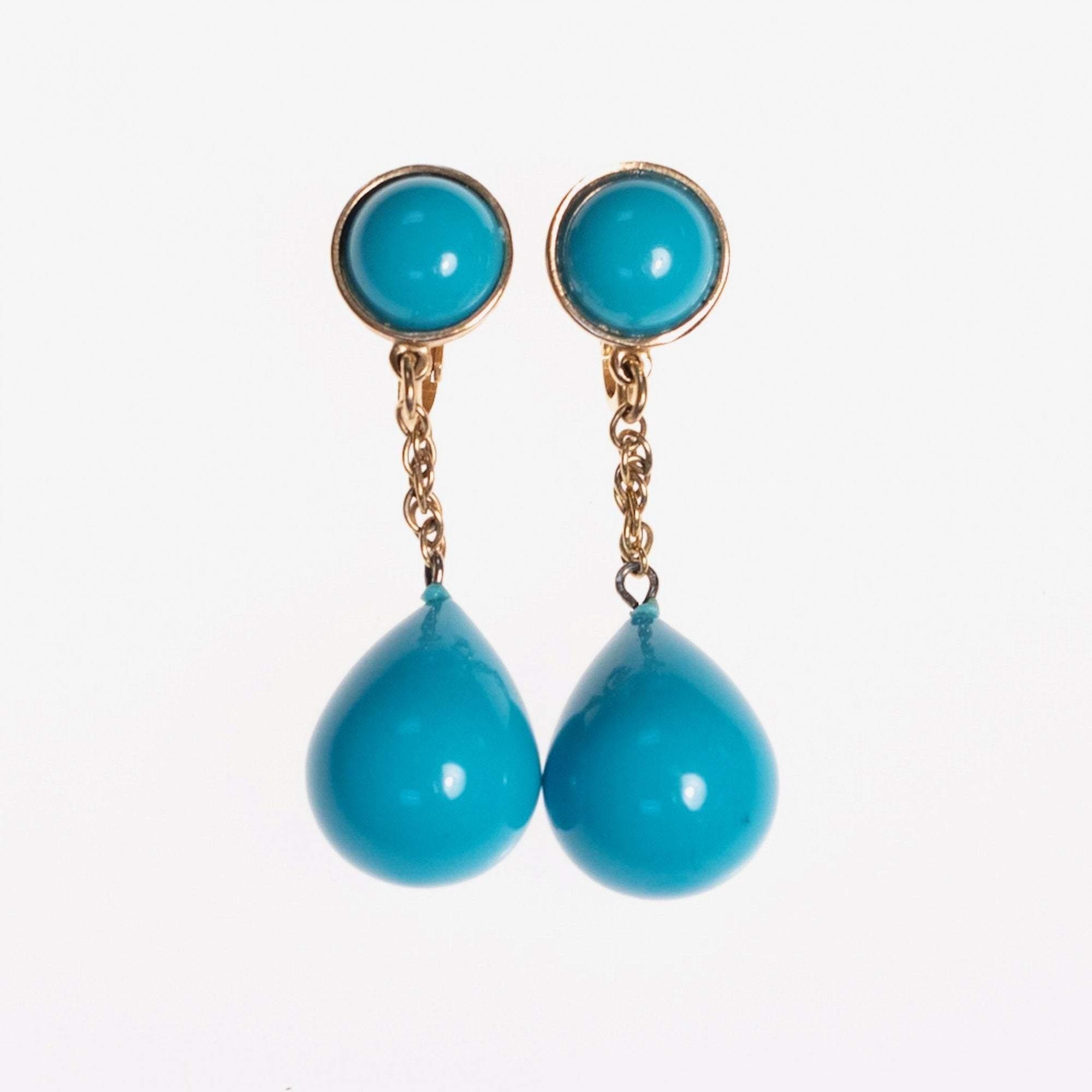 Vintage Crown Trifari Turquoise Lucite Dangling Drop Earrings by Crown Trifari - Vintage Meet Modern Vintage Jewelry - Chicago, Illinois - #oldhollywoodglamour #vintagemeetmodern #designervintage #jewelrybox #antiquejewelry #vintagejewelry