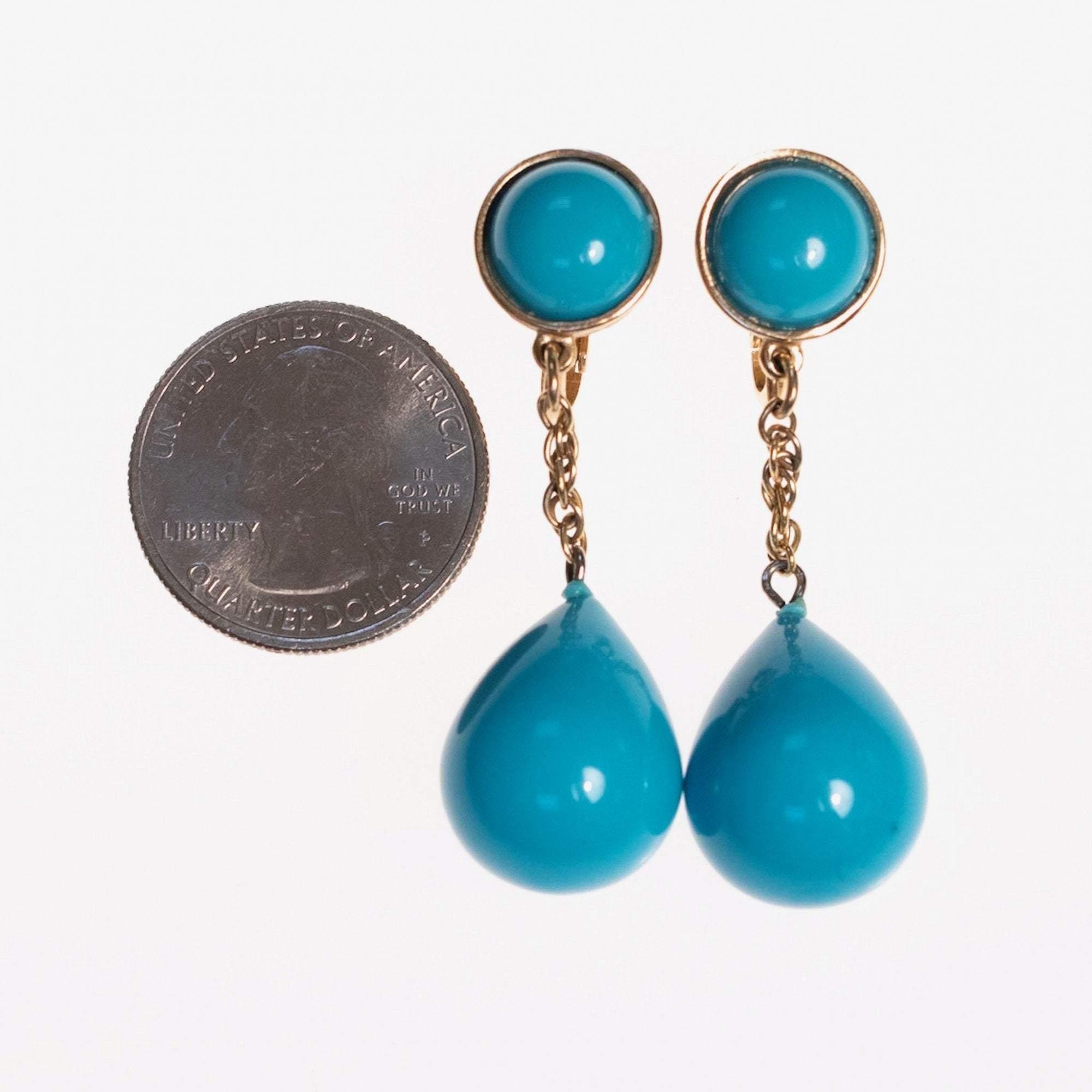 Vintage Crown Trifari Turquoise Lucite Dangling Drop Earrings by Crown Trifari - Vintage Meet Modern Vintage Jewelry - Chicago, Illinois - #oldhollywoodglamour #vintagemeetmodern #designervintage #jewelrybox #antiquejewelry #vintagejewelry