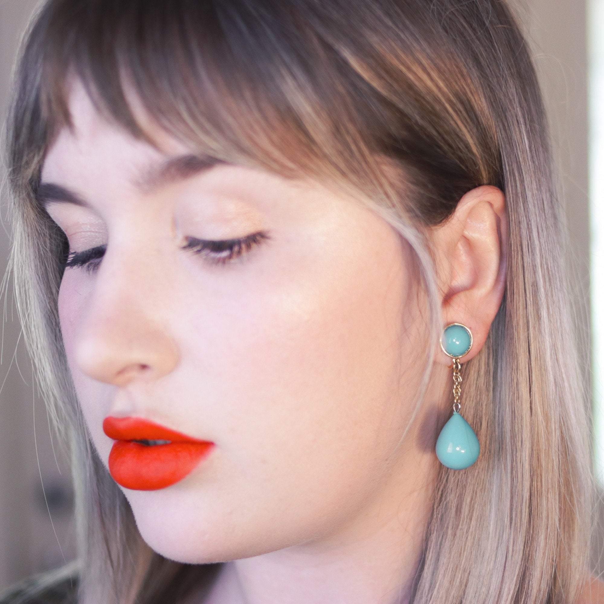 Vintage Crown Trifari Turquoise Lucite Dangling Drop Earrings by Crown Trifari - Vintage Meet Modern Vintage Jewelry - Chicago, Illinois - #oldhollywoodglamour #vintagemeetmodern #designervintage #jewelrybox #antiquejewelry #vintagejewelry