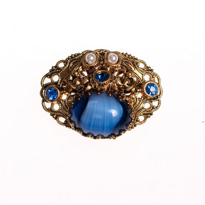Vintage West Germany Small Givere Blue Glass, Faux Pearl Gold Filigree Brooch by West Germany - Vintage Meet Modern Vintage Jewelry - Chicago, Illinois - #oldhollywoodglamour #vintagemeetmodern #designervintage #jewelrybox #antiquejewelry #vintagejewelry