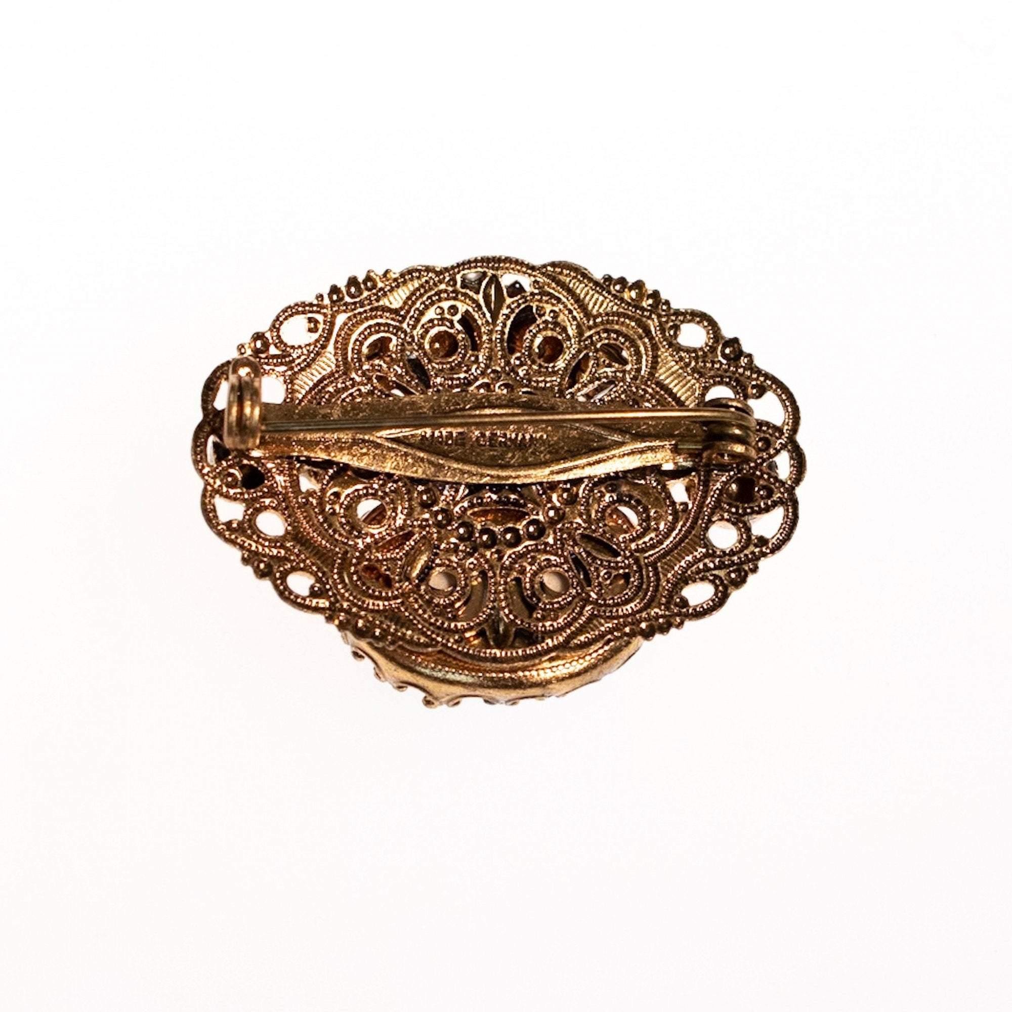 Vintage West Germany Small Givere Blue Glass, Faux Pearl Gold Filigree Brooch by West Germany - Vintage Meet Modern Vintage Jewelry - Chicago, Illinois - #oldhollywoodglamour #vintagemeetmodern #designervintage #jewelrybox #antiquejewelry #vintagejewelry